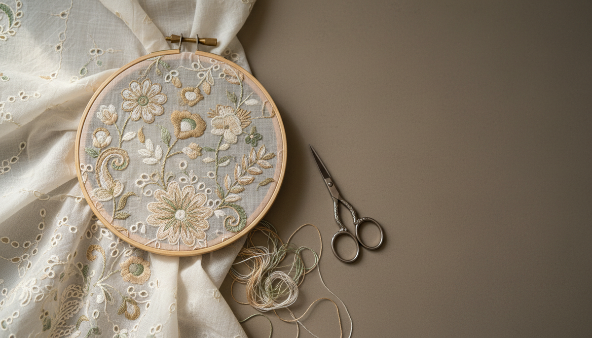 Chikankari embroidery on a wooden hoop