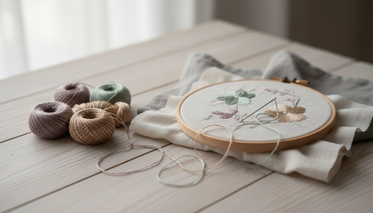 Embroidery hoop with threads and needle