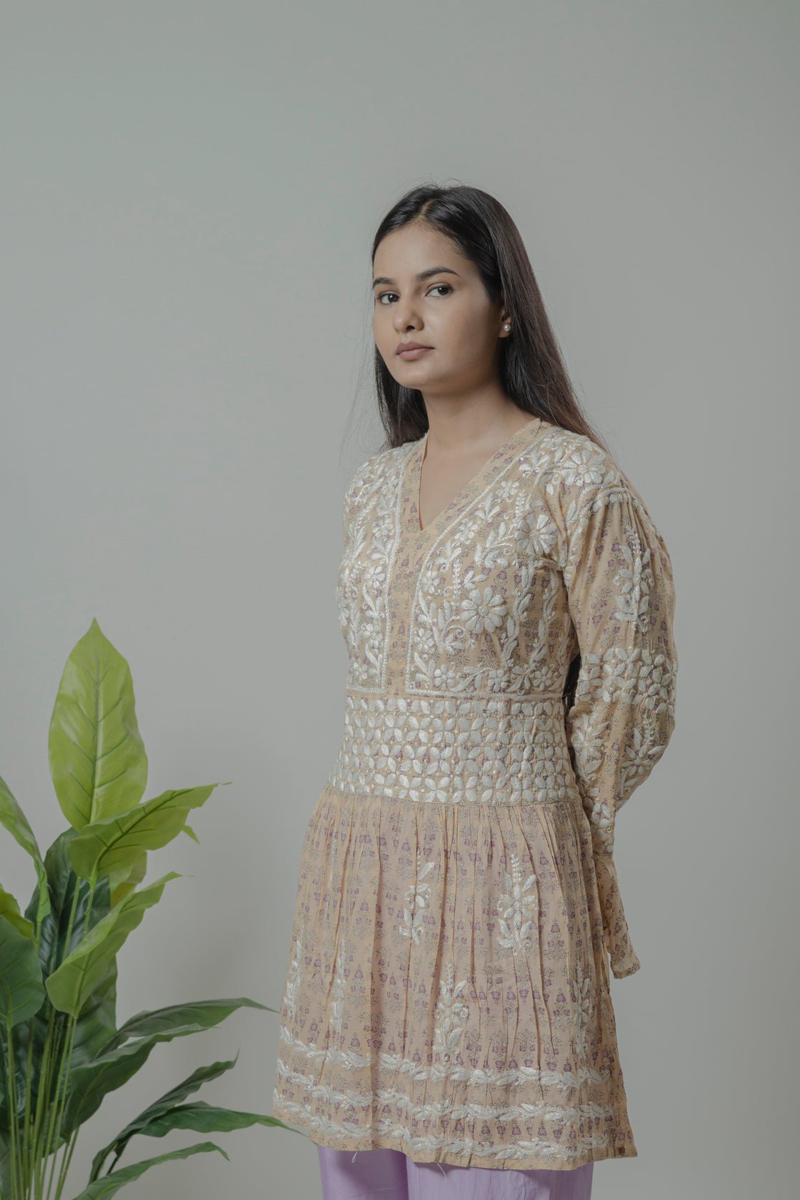 Beige Mul Mul cotton short kurti Avadh Chikan