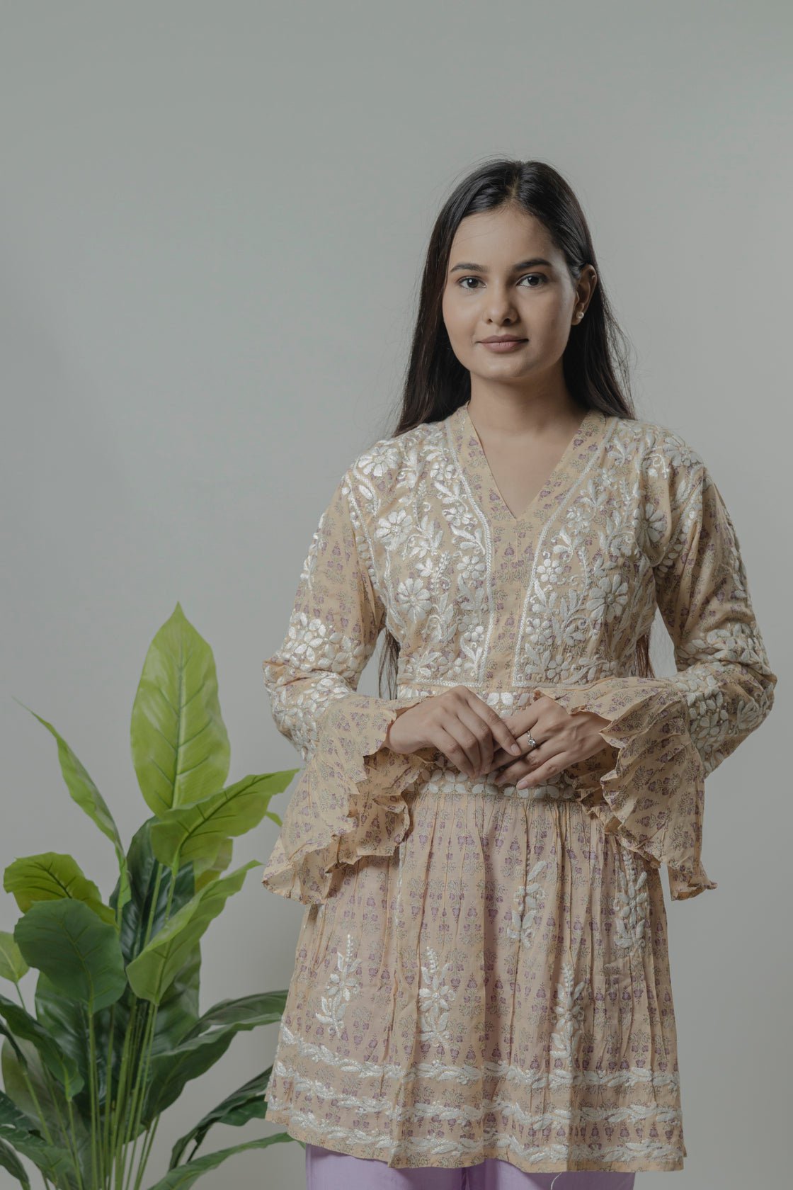 Beige Mul Mul cotton short kurti Avadh Chikan