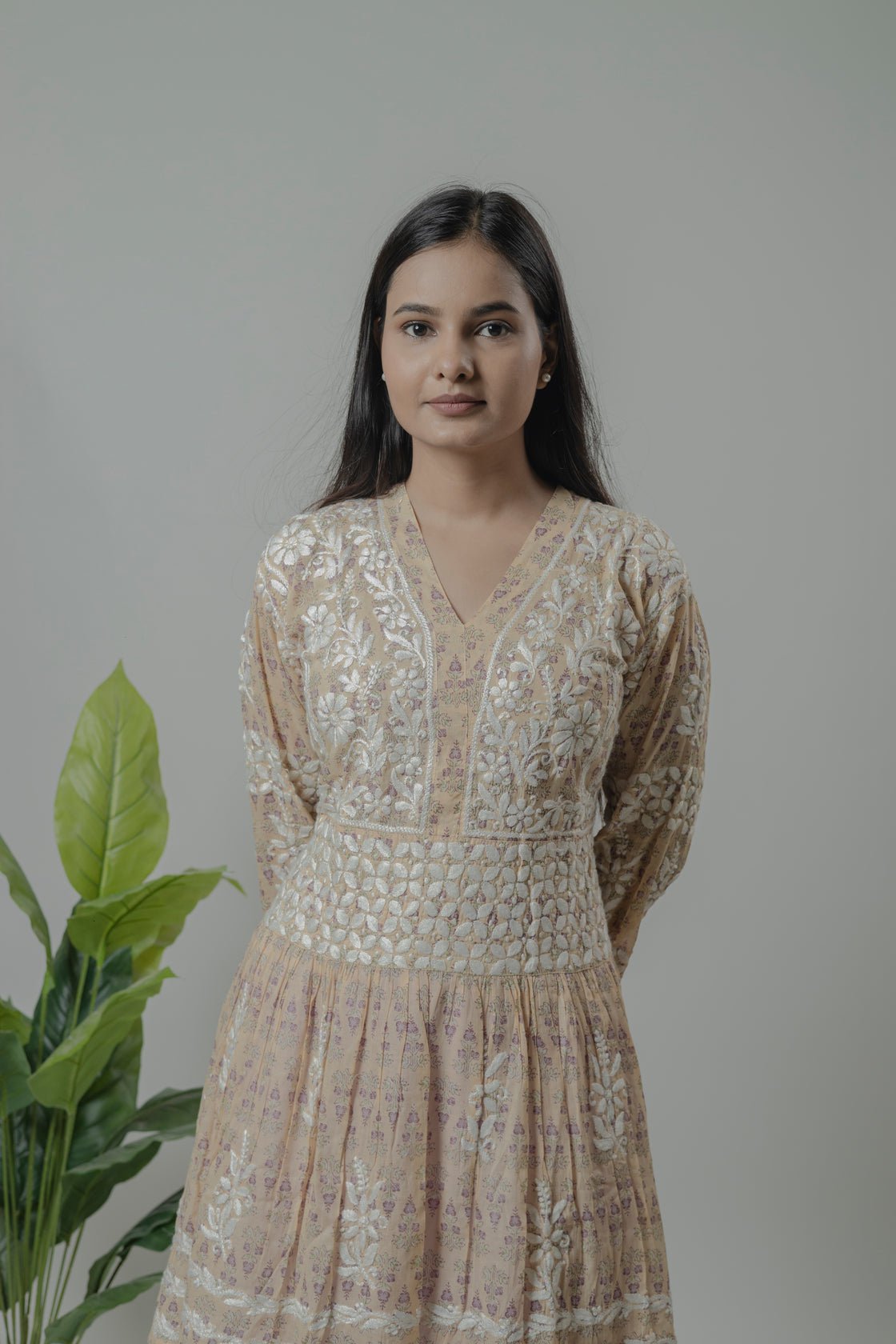 Beige Mul Mul cotton short kurti Avadh Chikan