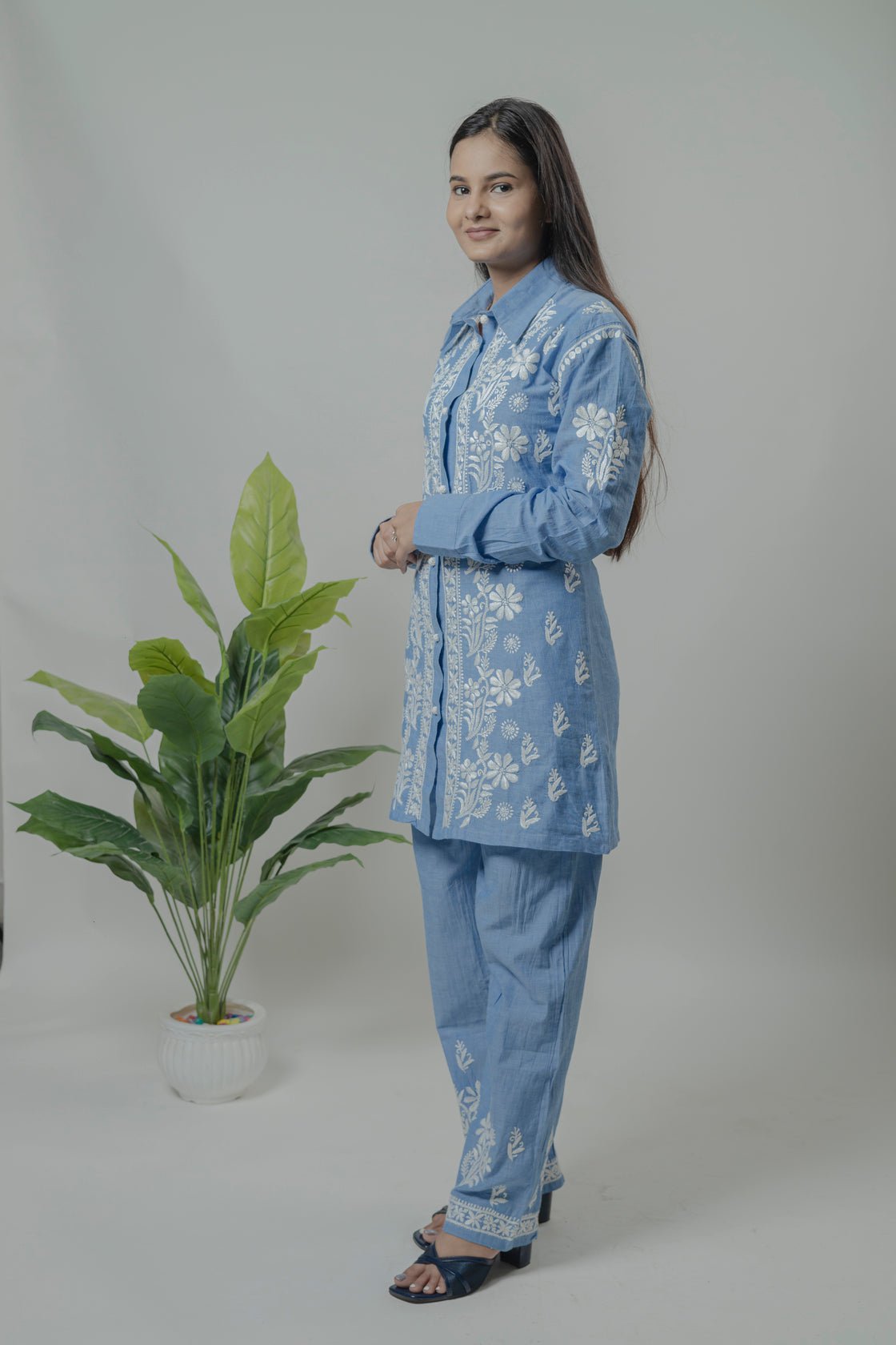 Denime Shirt Style Co-ord Set Avadh Chikan