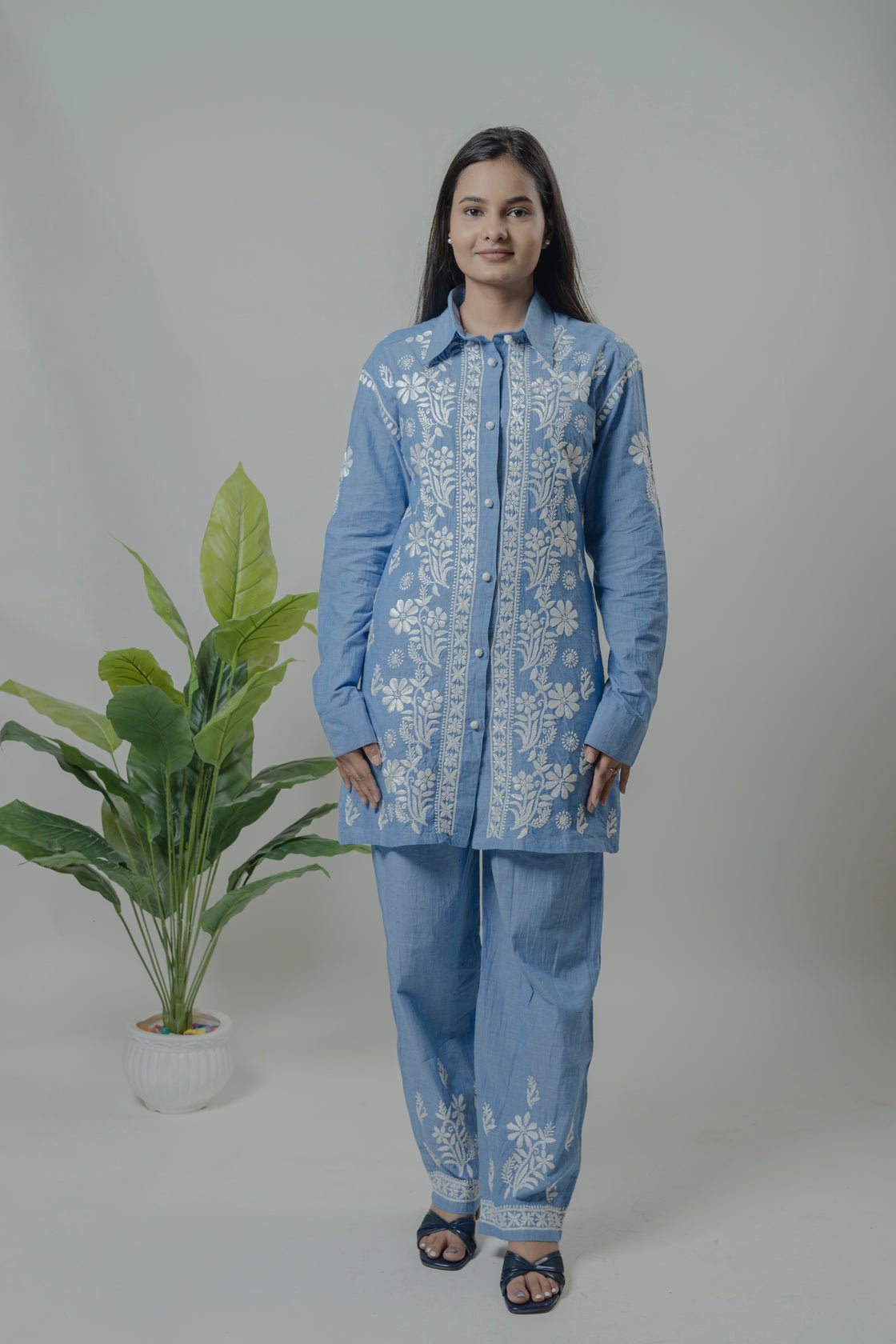 Denime Shirt Style Co-ord Set Avadh Chikan