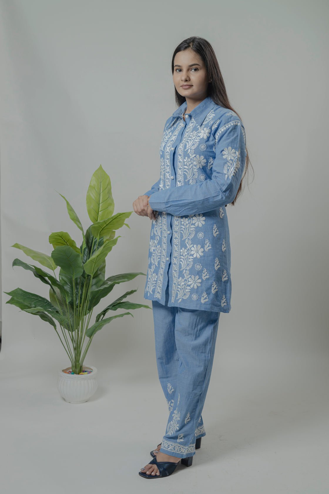 Denime Shirt Style Co-ord Set Avadh Chikan