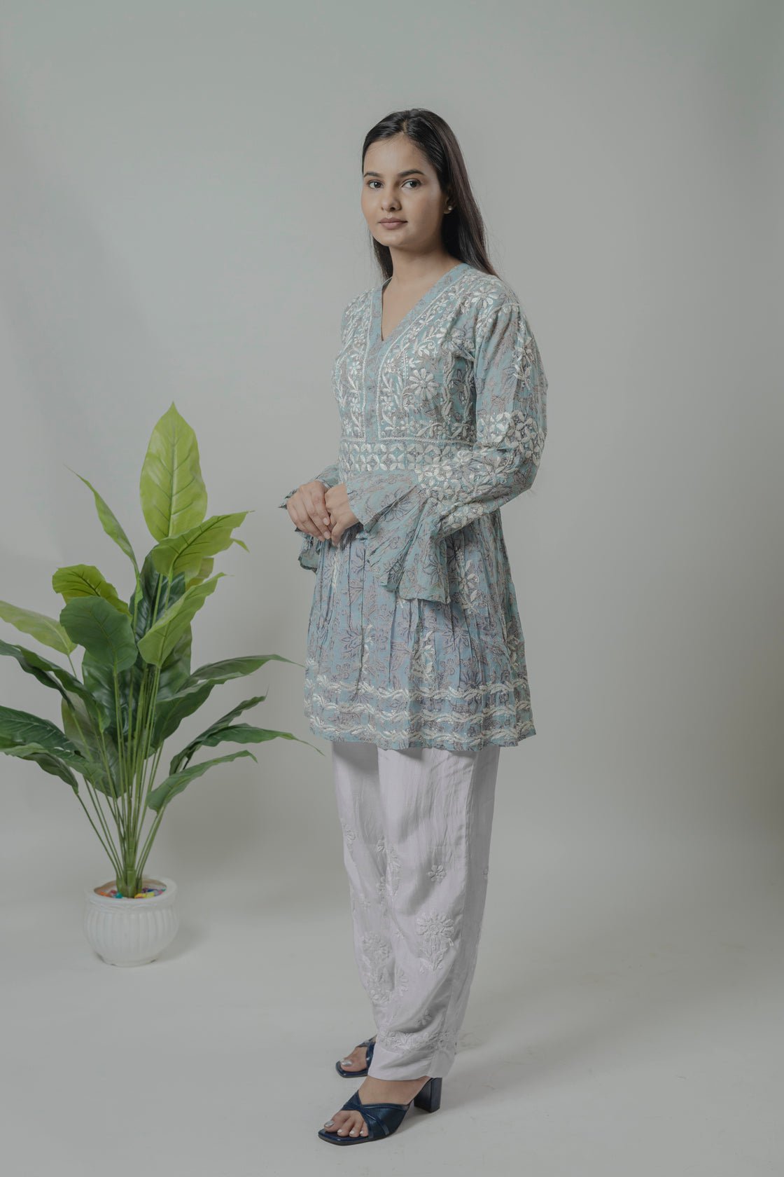 Grey Mul Mul cotton short kurti Avadh Chikan