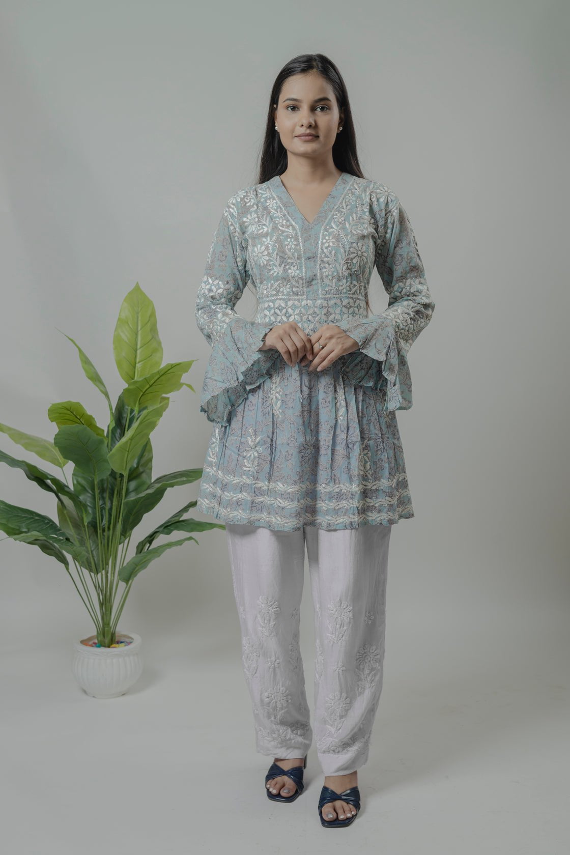 Grey Mul Mul cotton short kurti Avadh Chikan