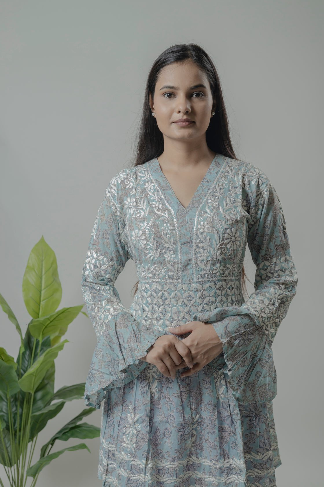 Grey Mul Mul cotton short kurti Avadh Chikan