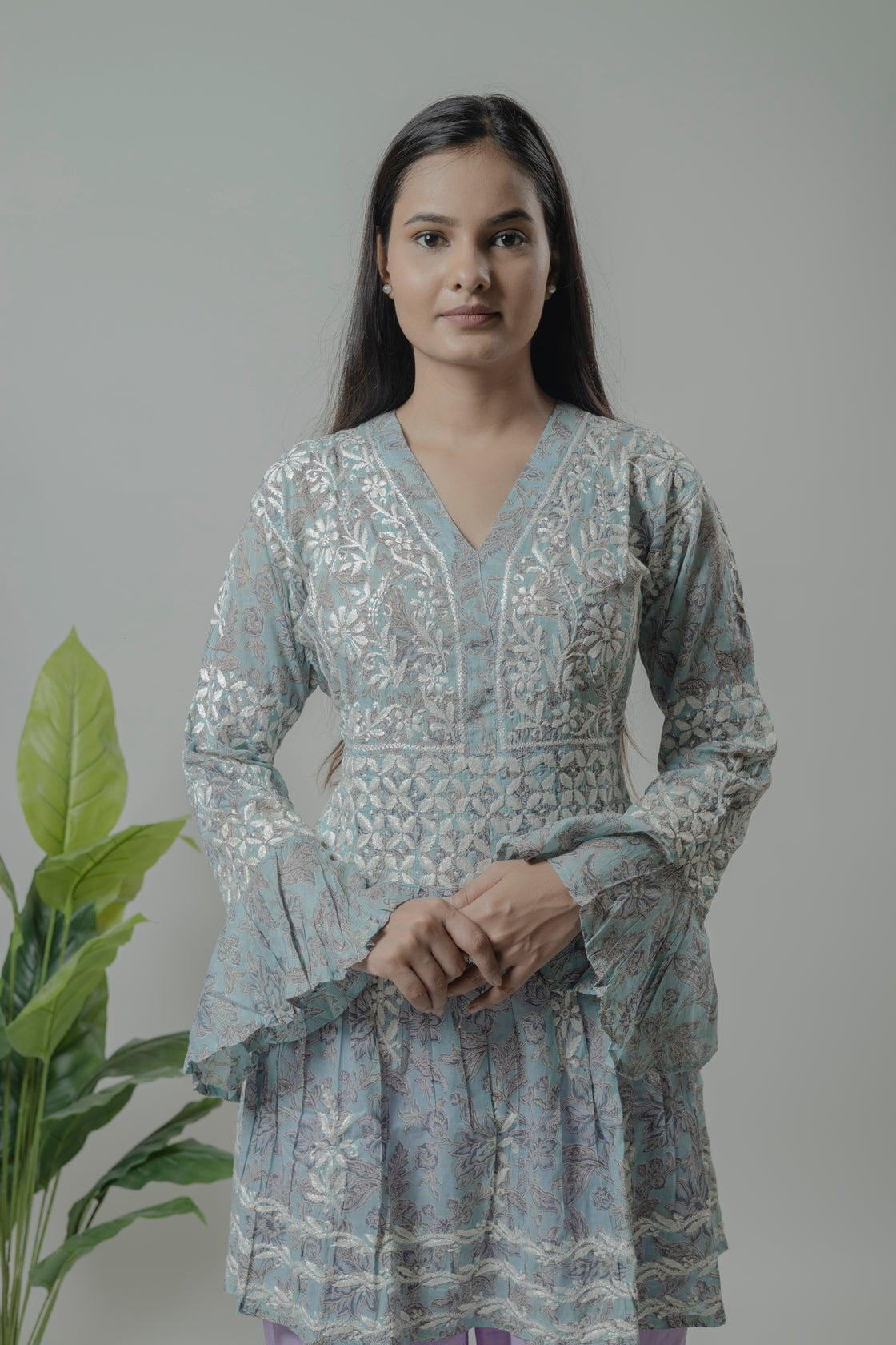 Grey Mul Mul cotton short kurti Avadh Chikan