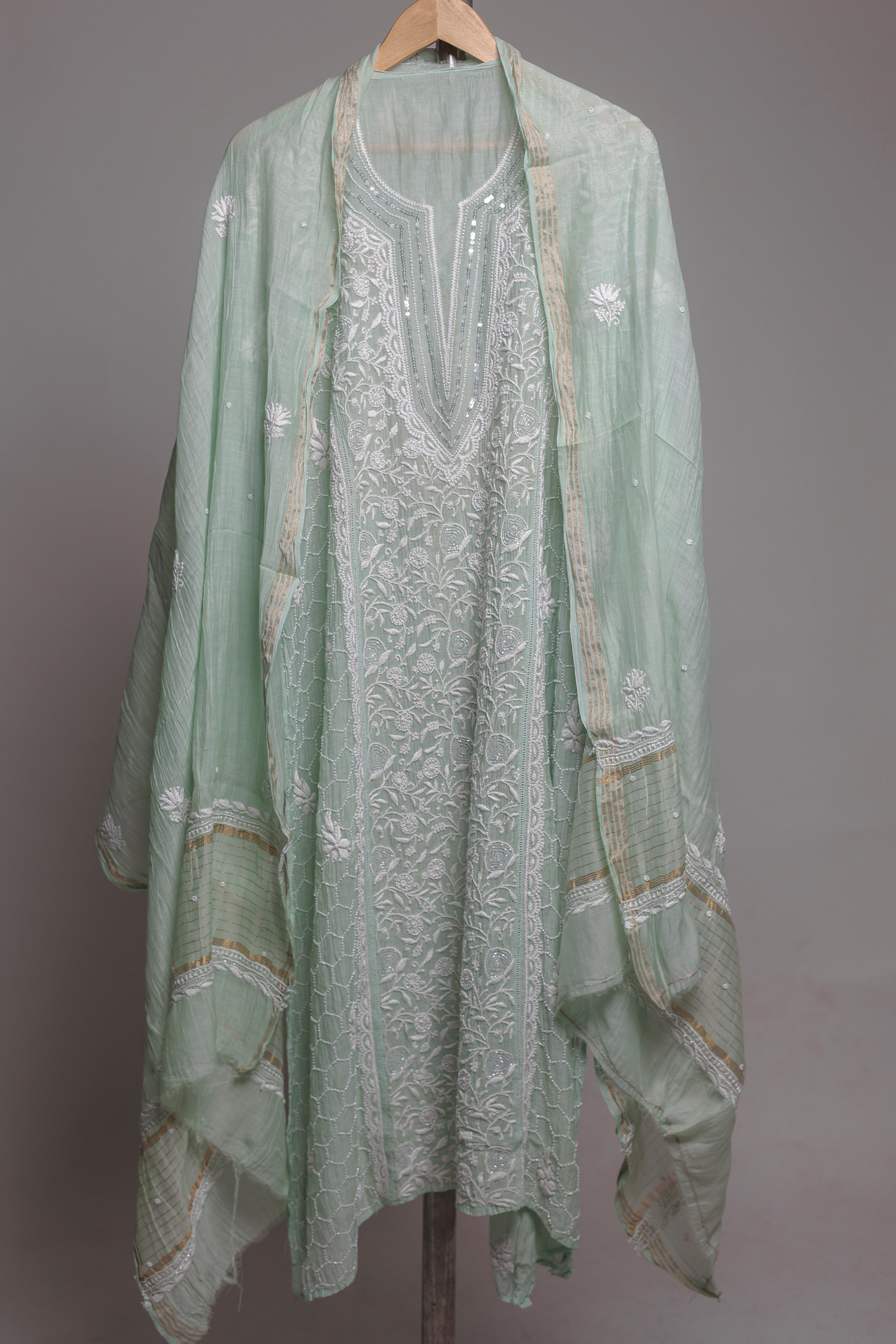 Mal Chanderi Semi Stiched Kurta Dupatta Set Avadh Chikan