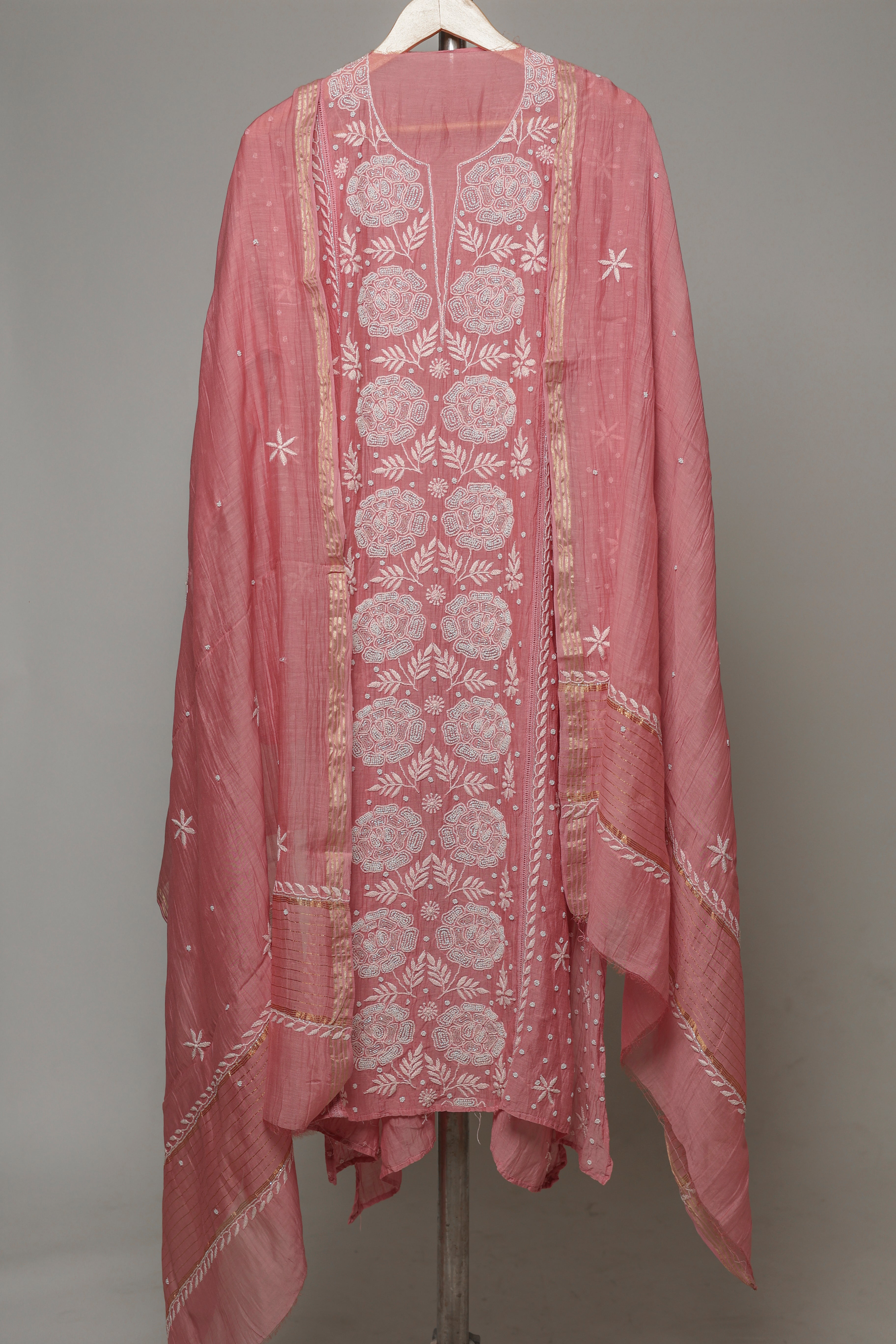 Mal Chanderi Semi Stiched Kurta Dupatta Set Avadh Chikan