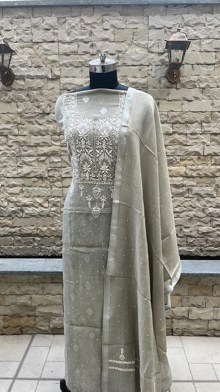 Mal chanderi suit material with zari booti Avadh Chikan