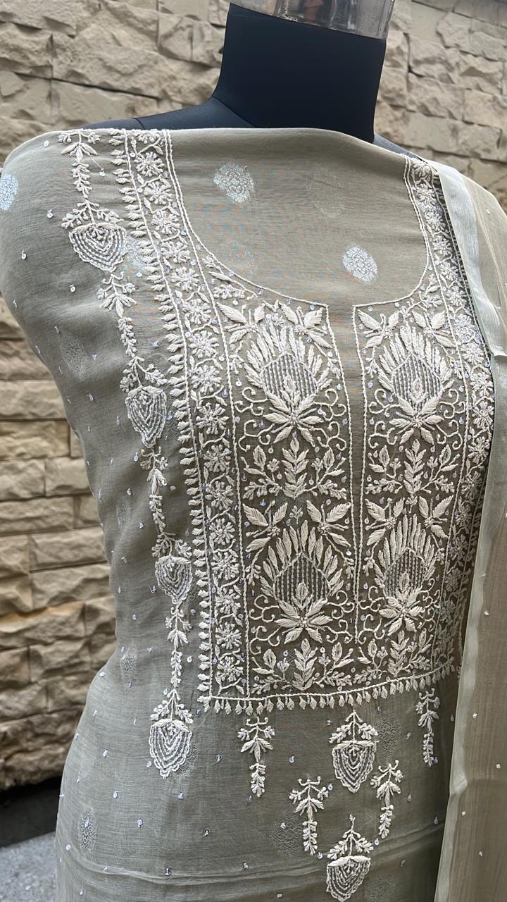 Mal chanderi suit material with zari booti Avadh Chikan