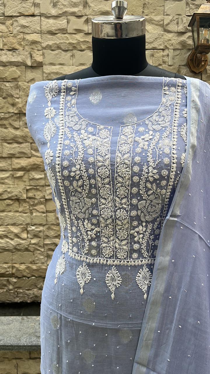 Mal chanderi suit material with zari booti Avadh Chikan