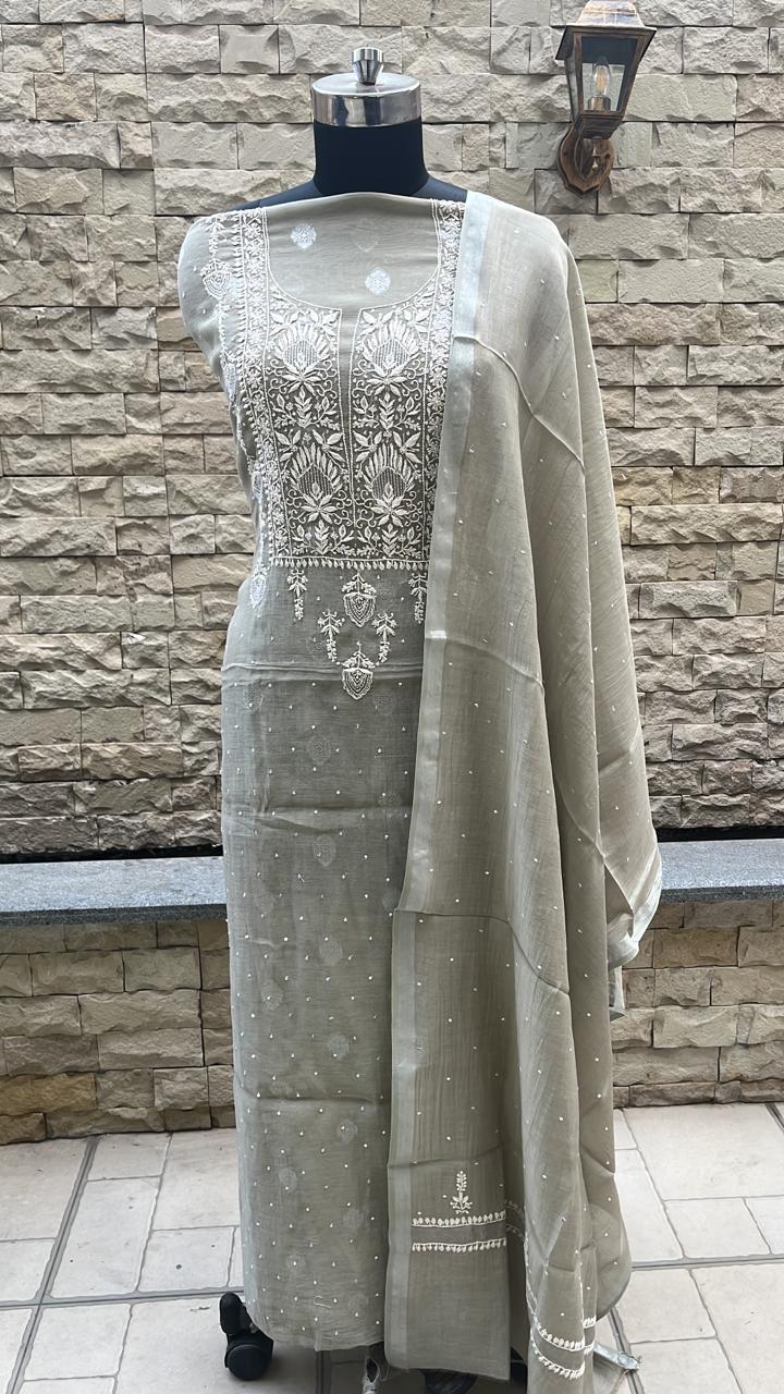 Mal chanderi suit material with zari booti Avadh Chikan