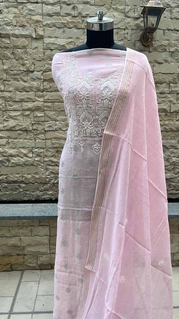 Mal chanderi suit material with zari booti Avadh Chikan