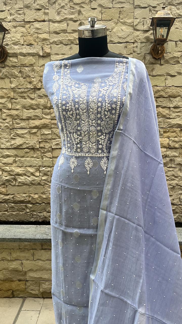 Mal chanderi suit material with zari booti Avadh Chikan