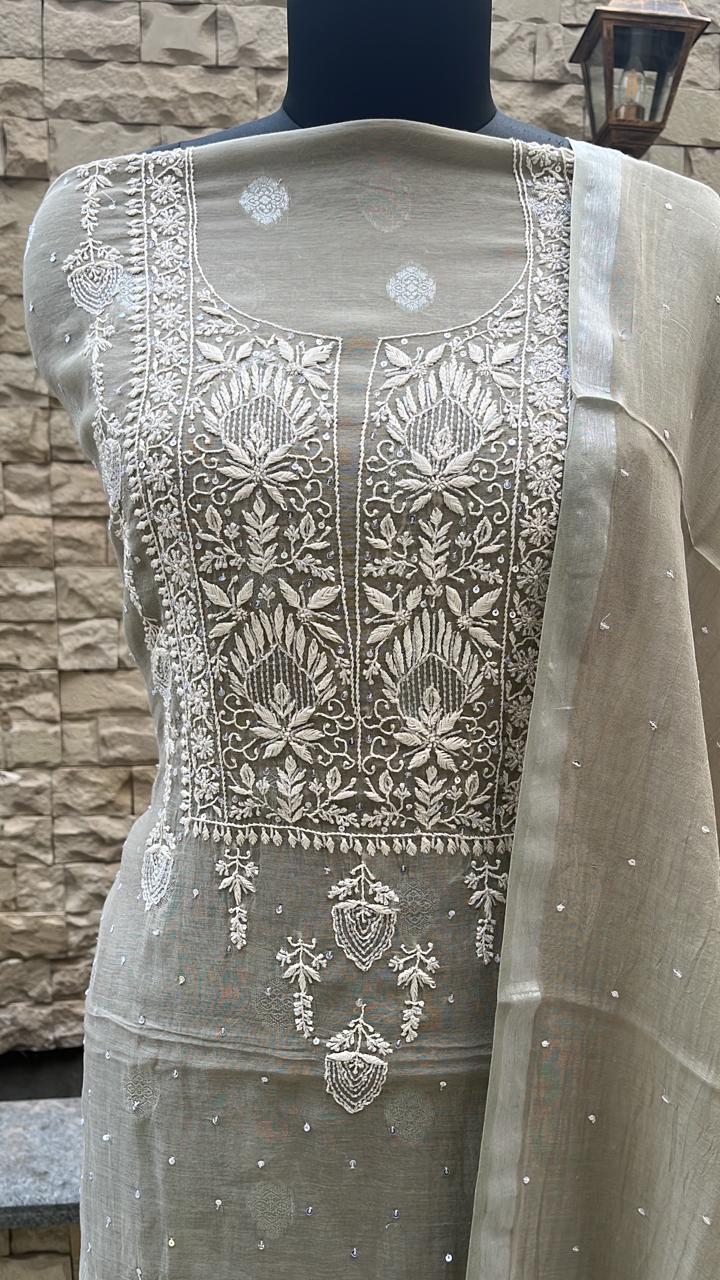 Mal chanderi suit material with zari booti Avadh Chikan