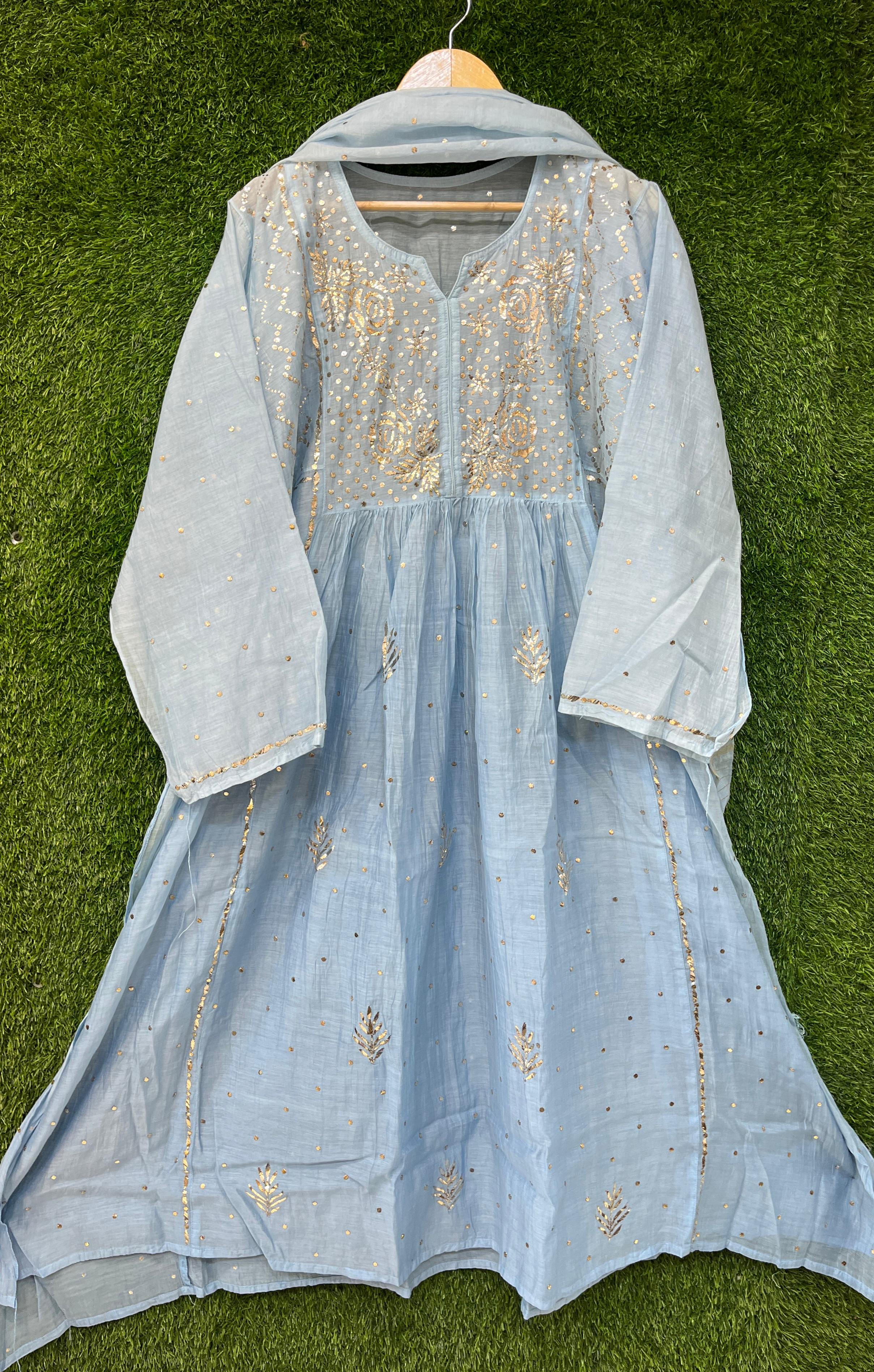 Mul Chanderi Pitta Work Kurta Dupatta Set Avadh Chikan