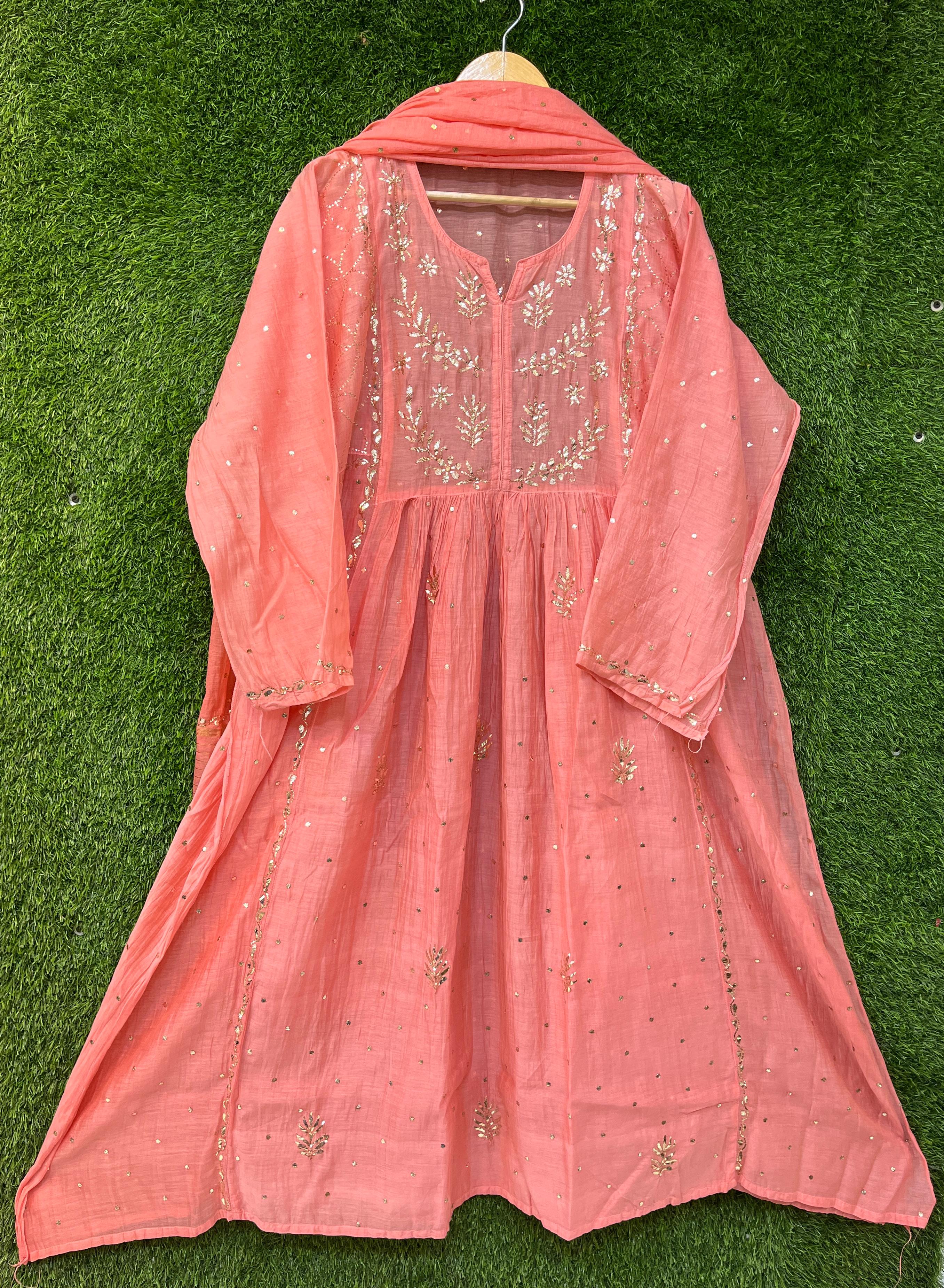 Mul Chanderi Pitta Work Kurta Dupatta Set Avadh Chikan