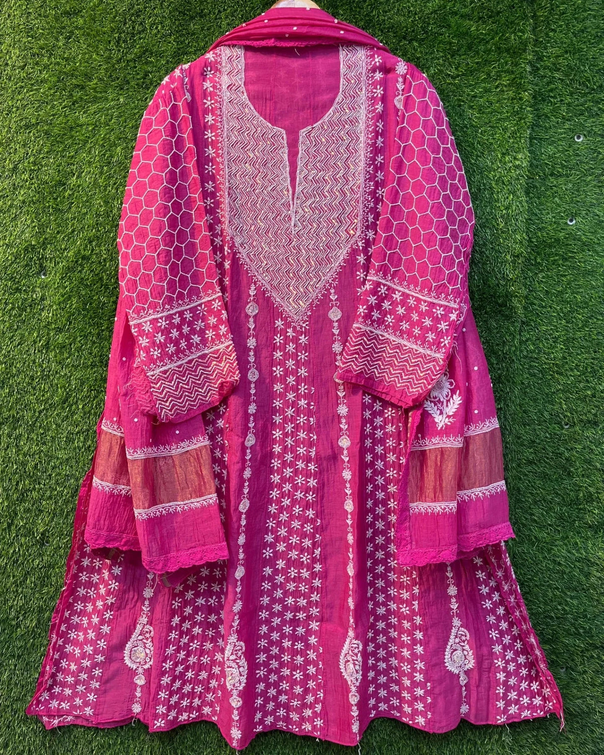 Mul Chanderi Semi-Stitched Anarkali Avadh Chikan