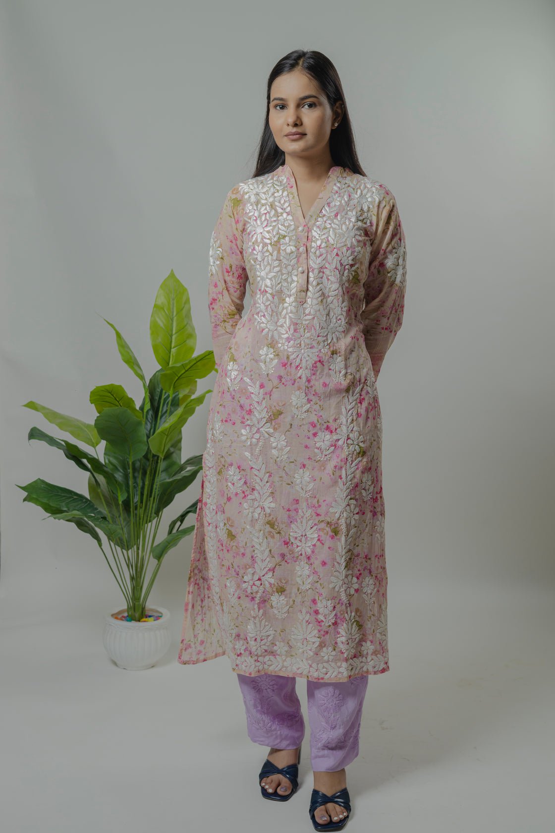 Mul Mul Printed Long Kurti Avadh Chikan