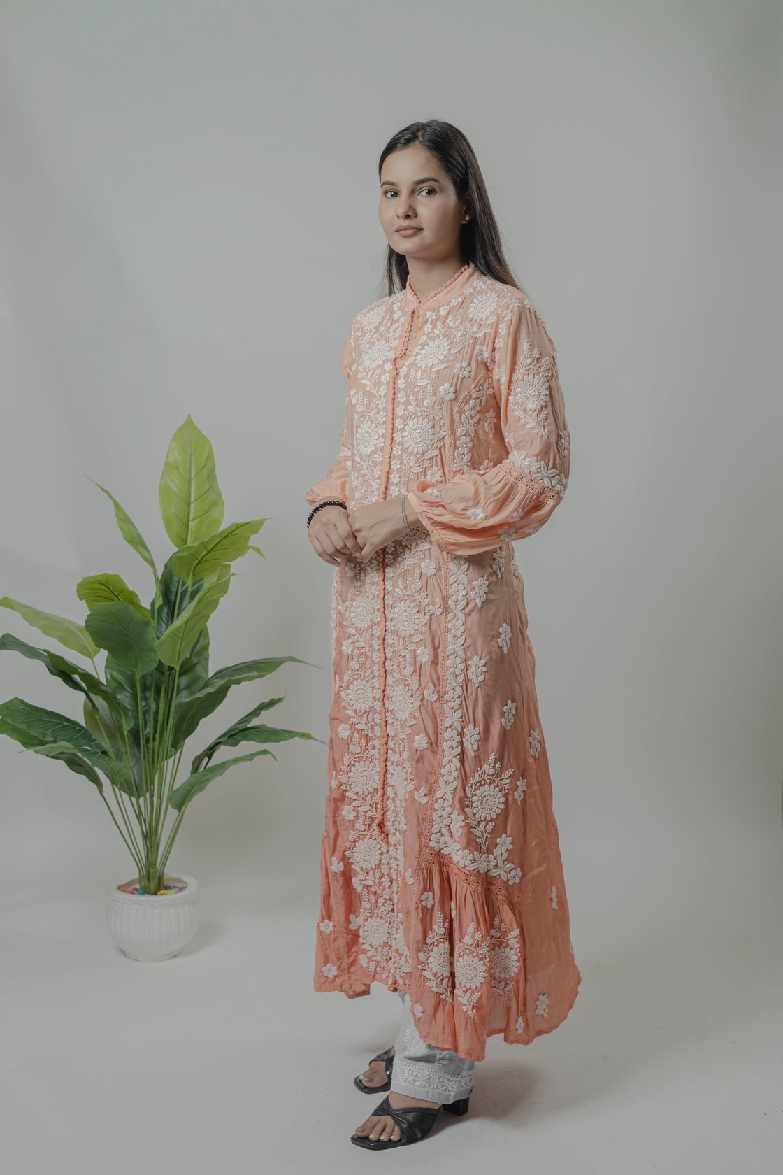 Muslin Long Dress Avadh Chikan