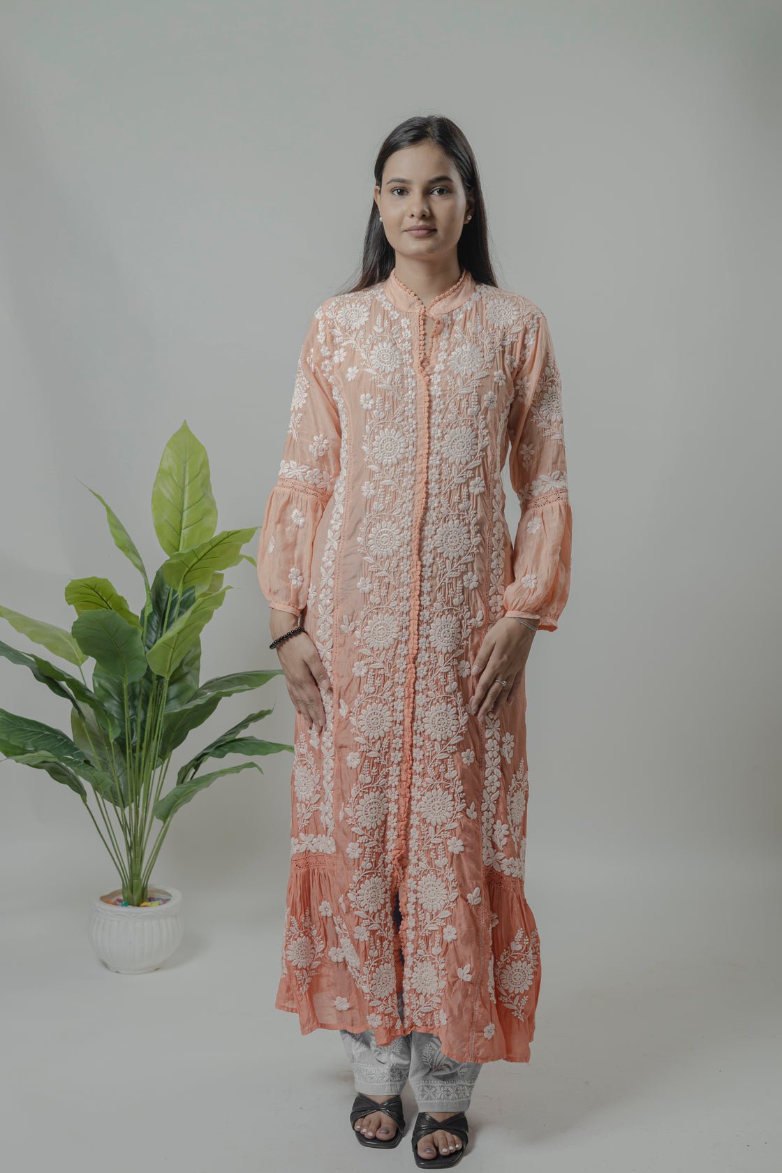 Muslin Long Dress Avadh Chikan