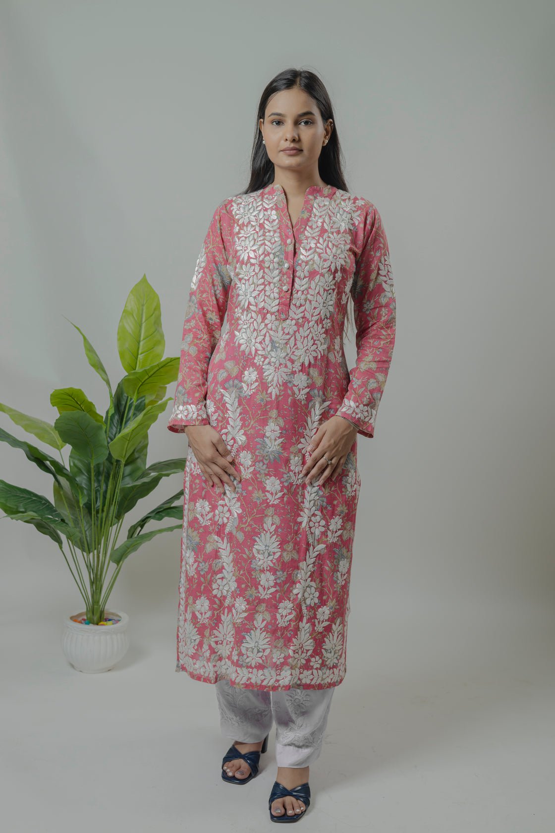 Muslin printed Long kurti Avadh Chikan