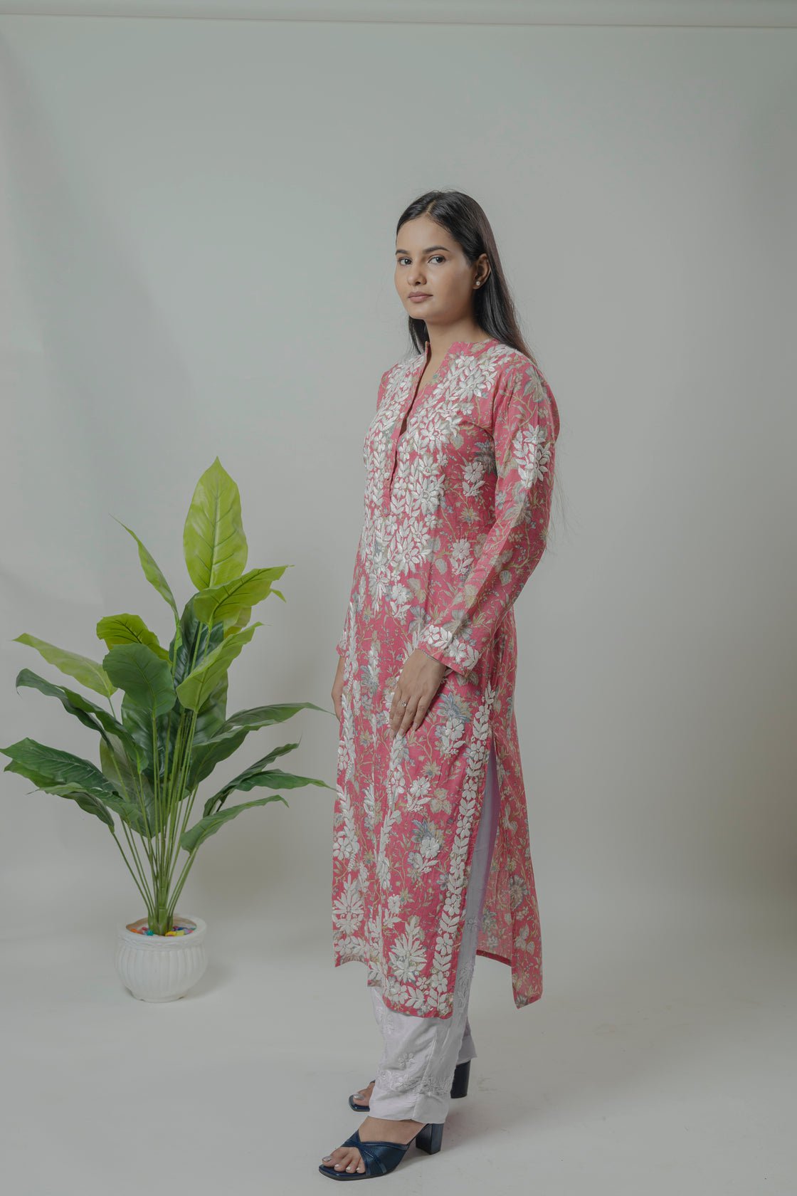 Muslin printed Long kurti Avadh Chikan