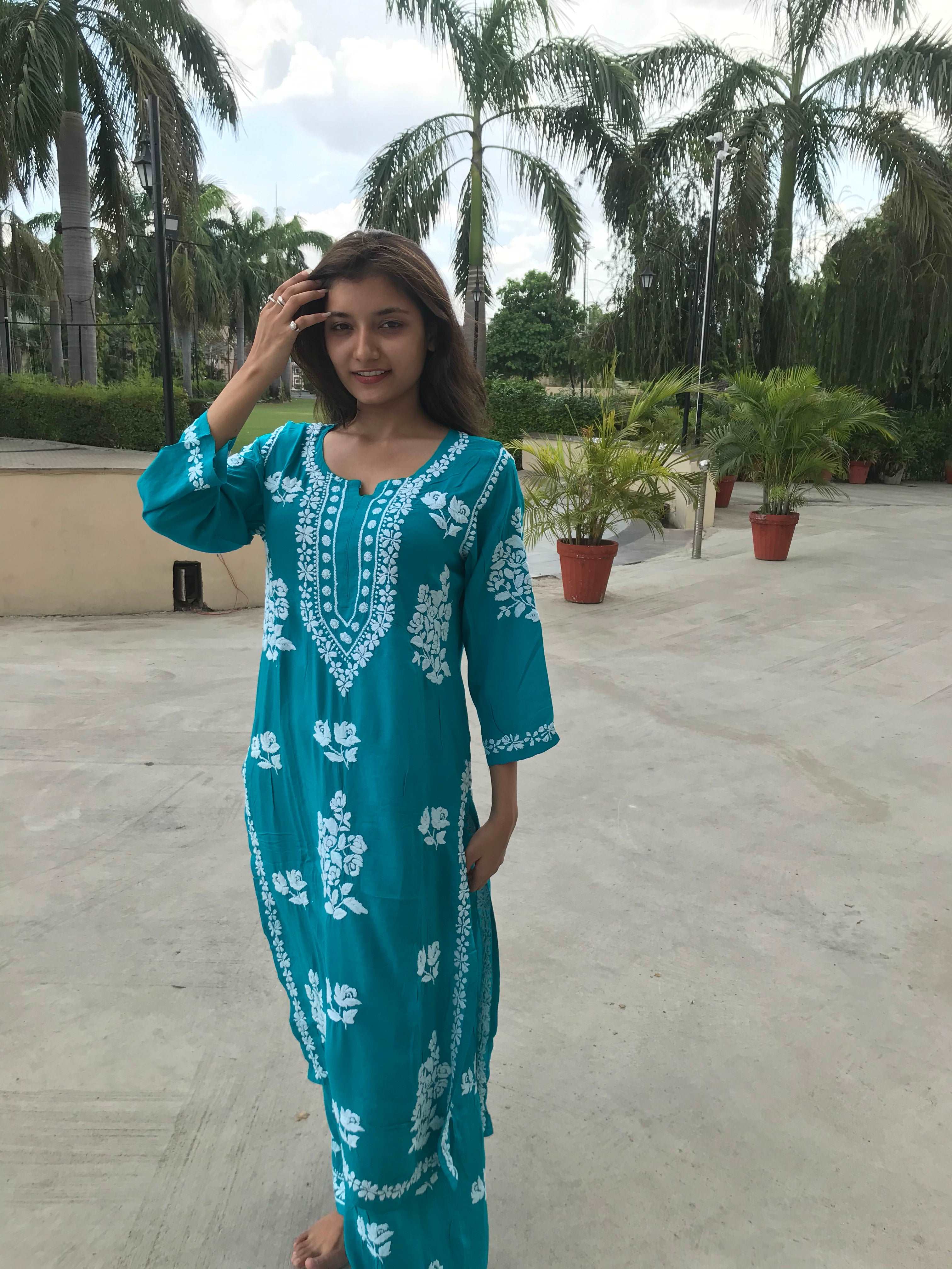 Pure Modal Cotton Long Kurta Sharara Set Avadh Chikan