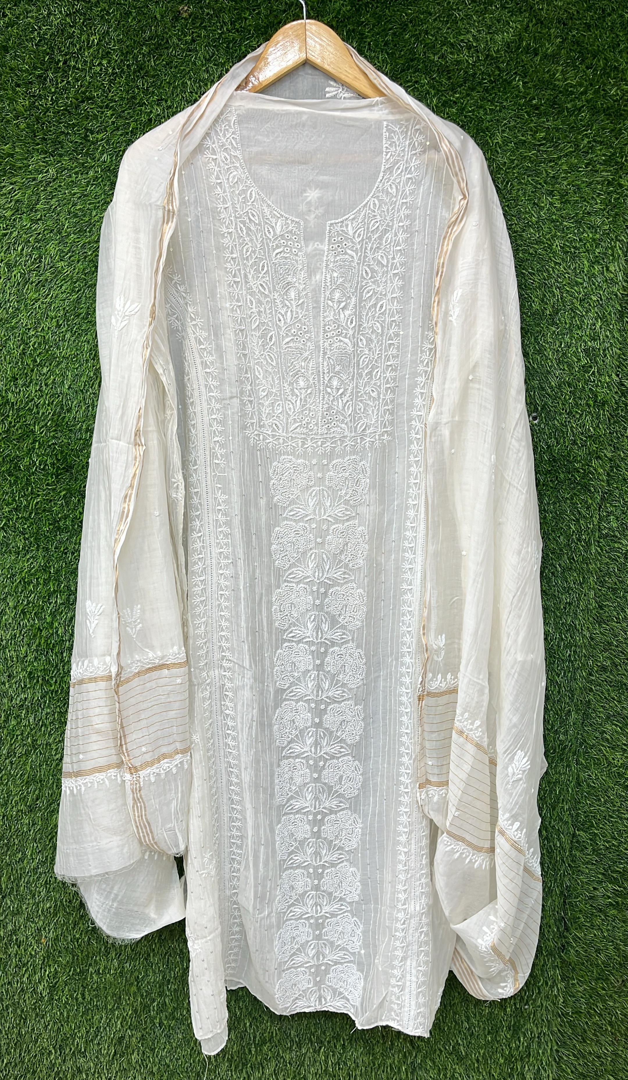 Pure Mul Chanderi Kurta Dupatta Set Avadh Chikan