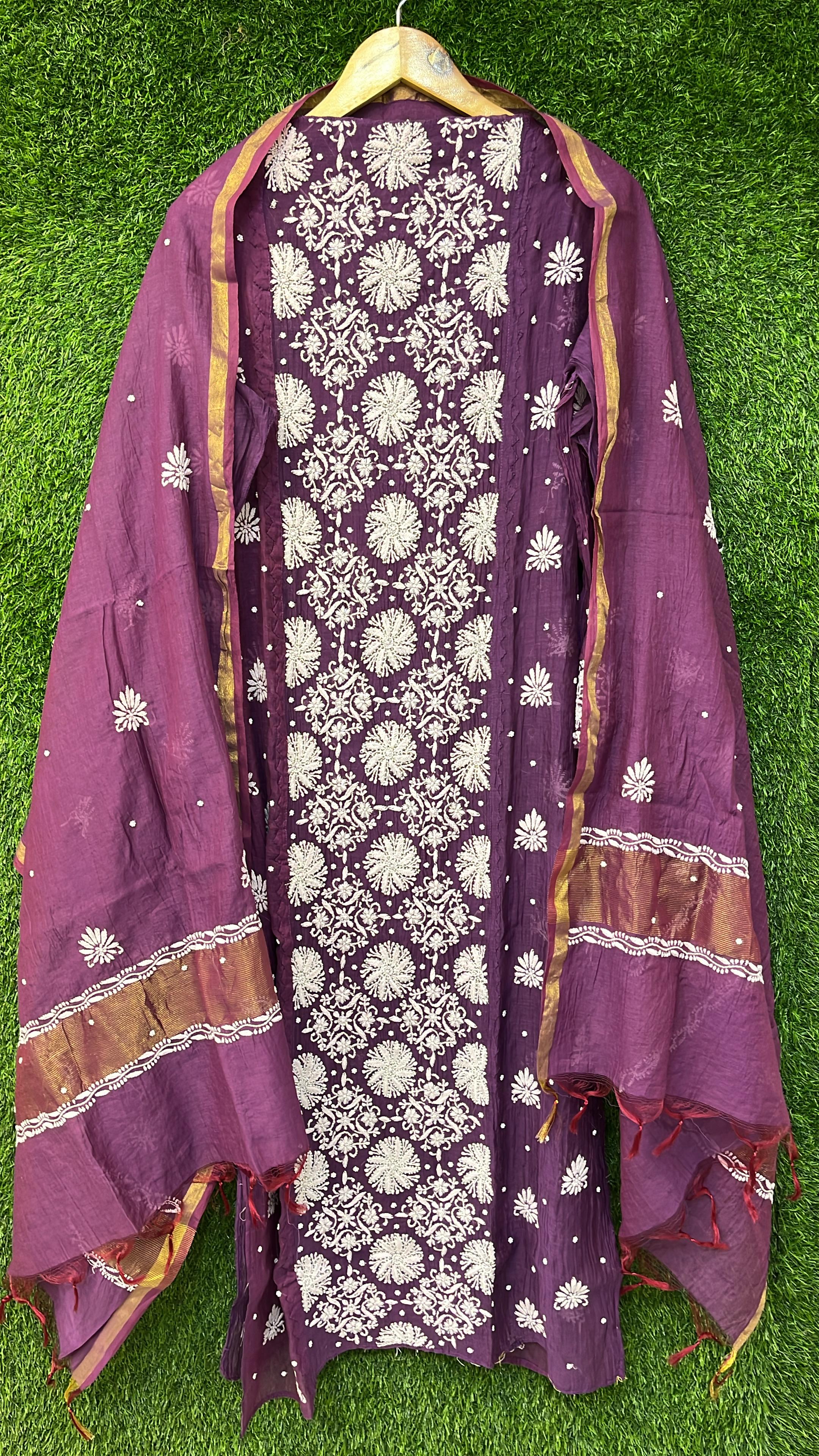 Pure Mul Chanderi Kurta Dupatta Set Avadh Chikan