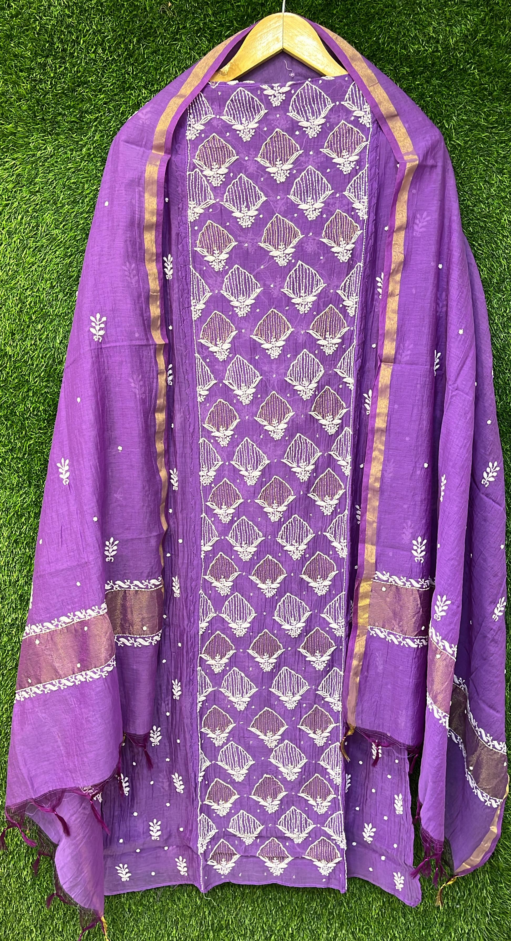 Pure Mul Chanderi Kurta Dupatta Set Avadh Chikan