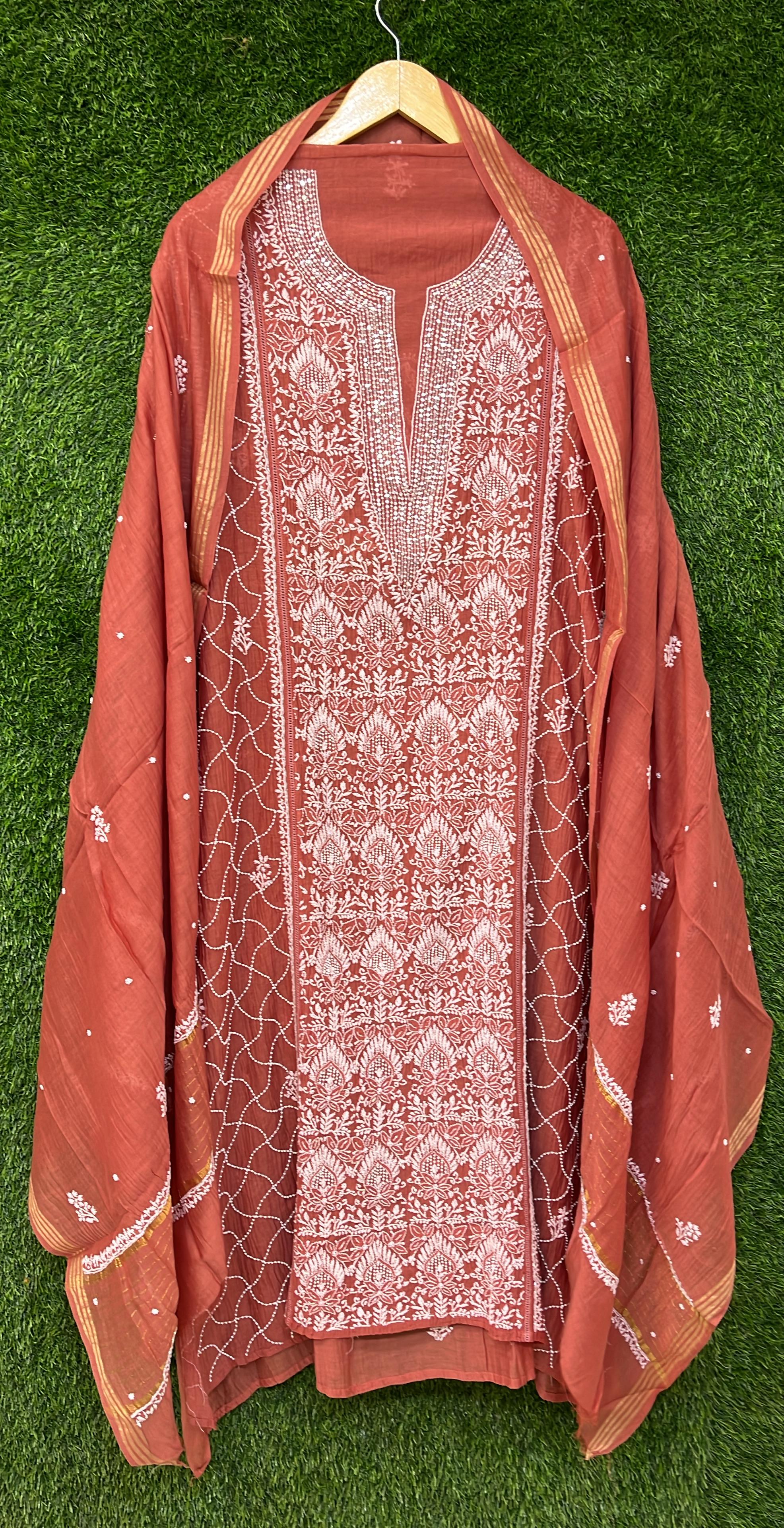 Pure Mul Chanderi Kurta Dupatta Set Avadh Chikan