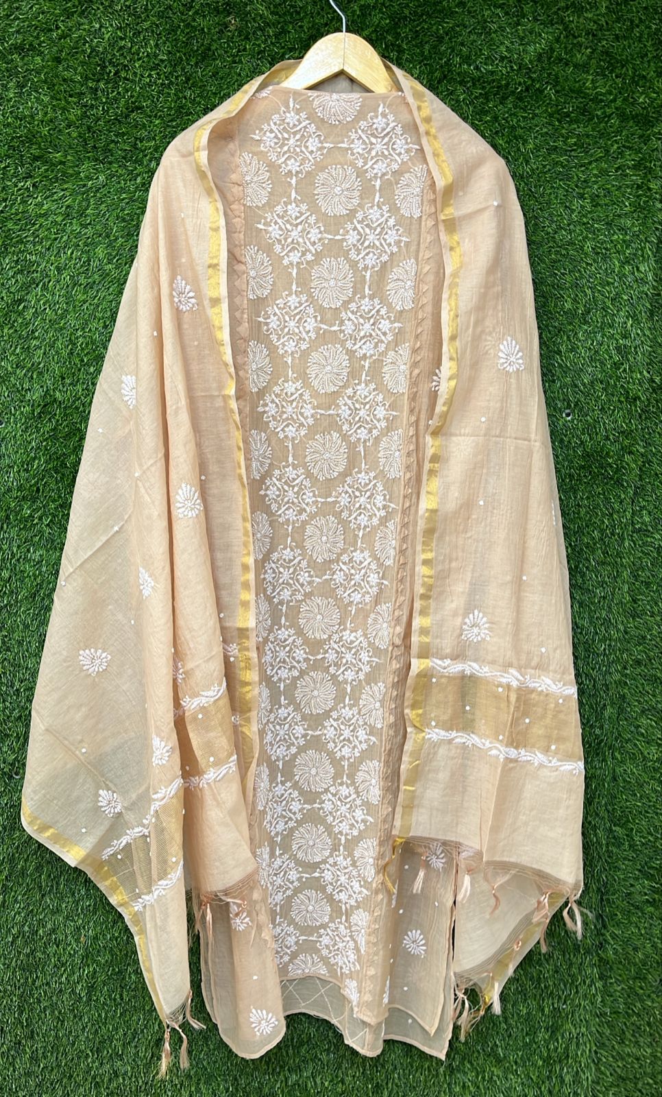 Pure Mul Chanderi Kurta Dupatta Set Avadh Chikan