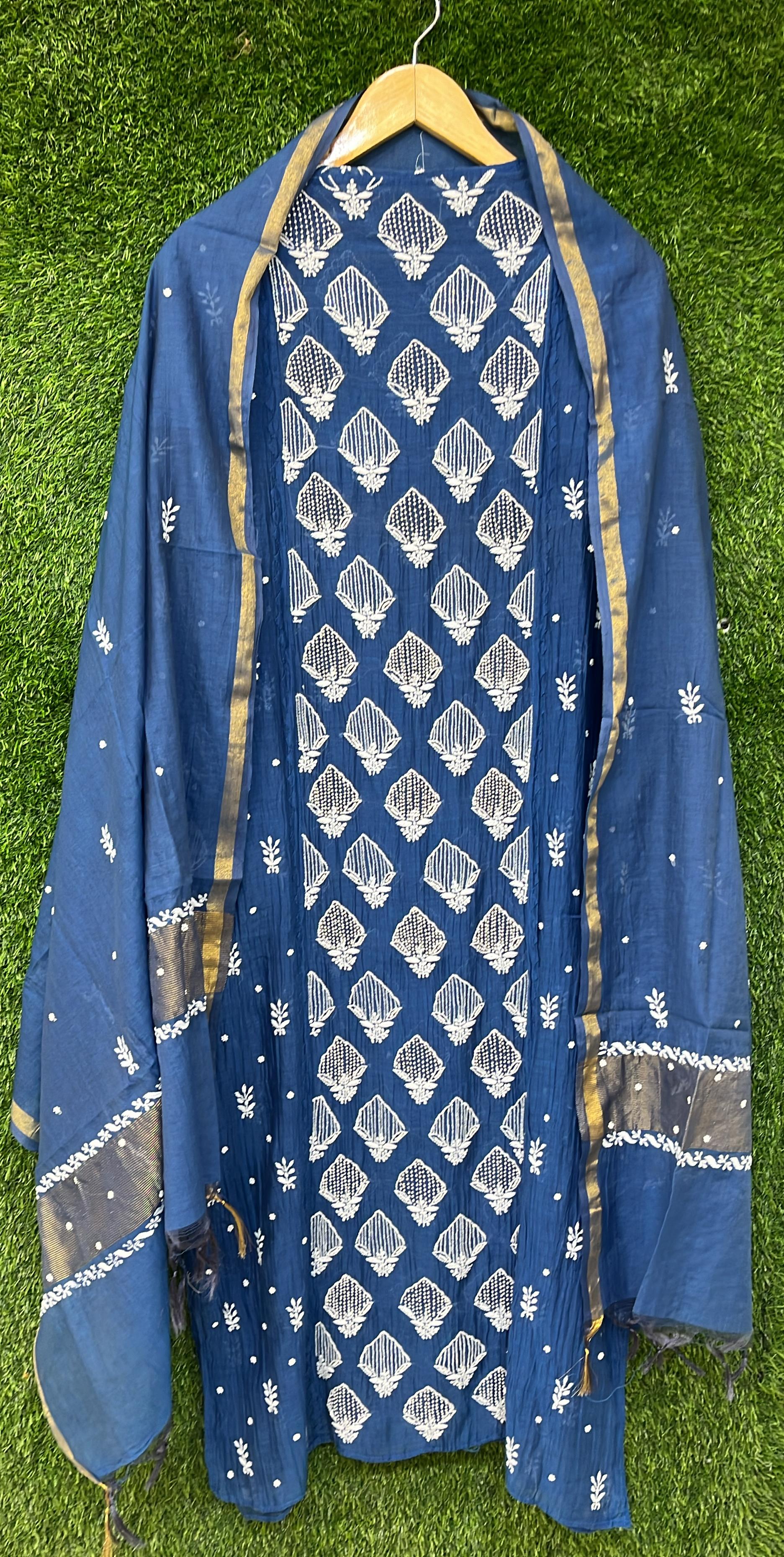 Pure Mul Chanderi Kurta Dupatta Set Avadh Chikan