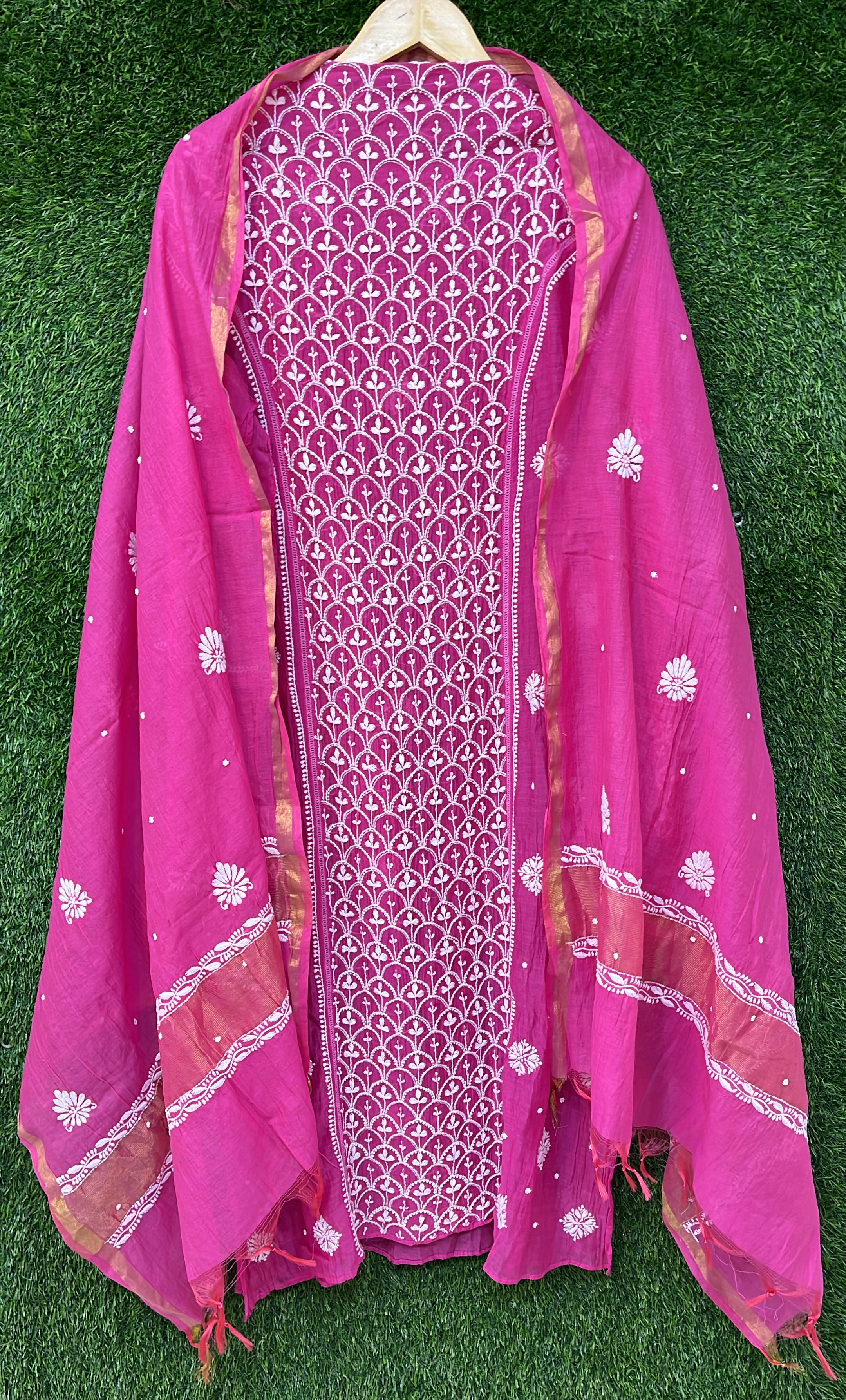 Pure Mul Chanderi Kurta Dupatta Set Avadh Chikan