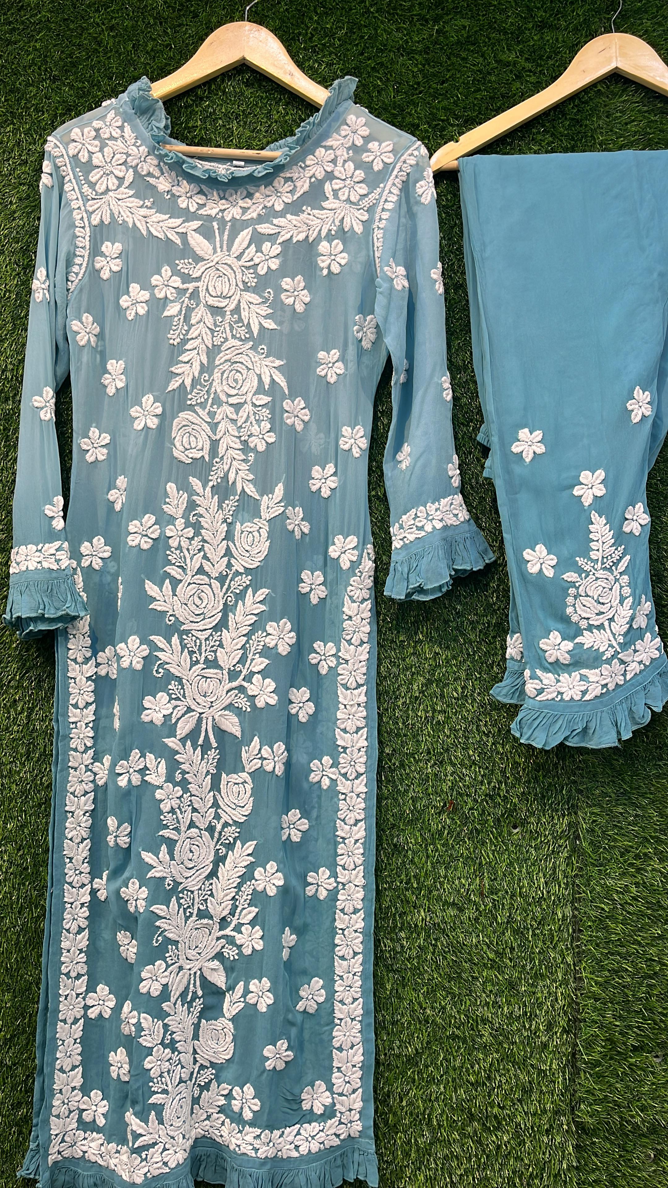 Pure Viscous Georgette Kurta and Palazzo Set with 3D Chikankari work Avadh Chikan