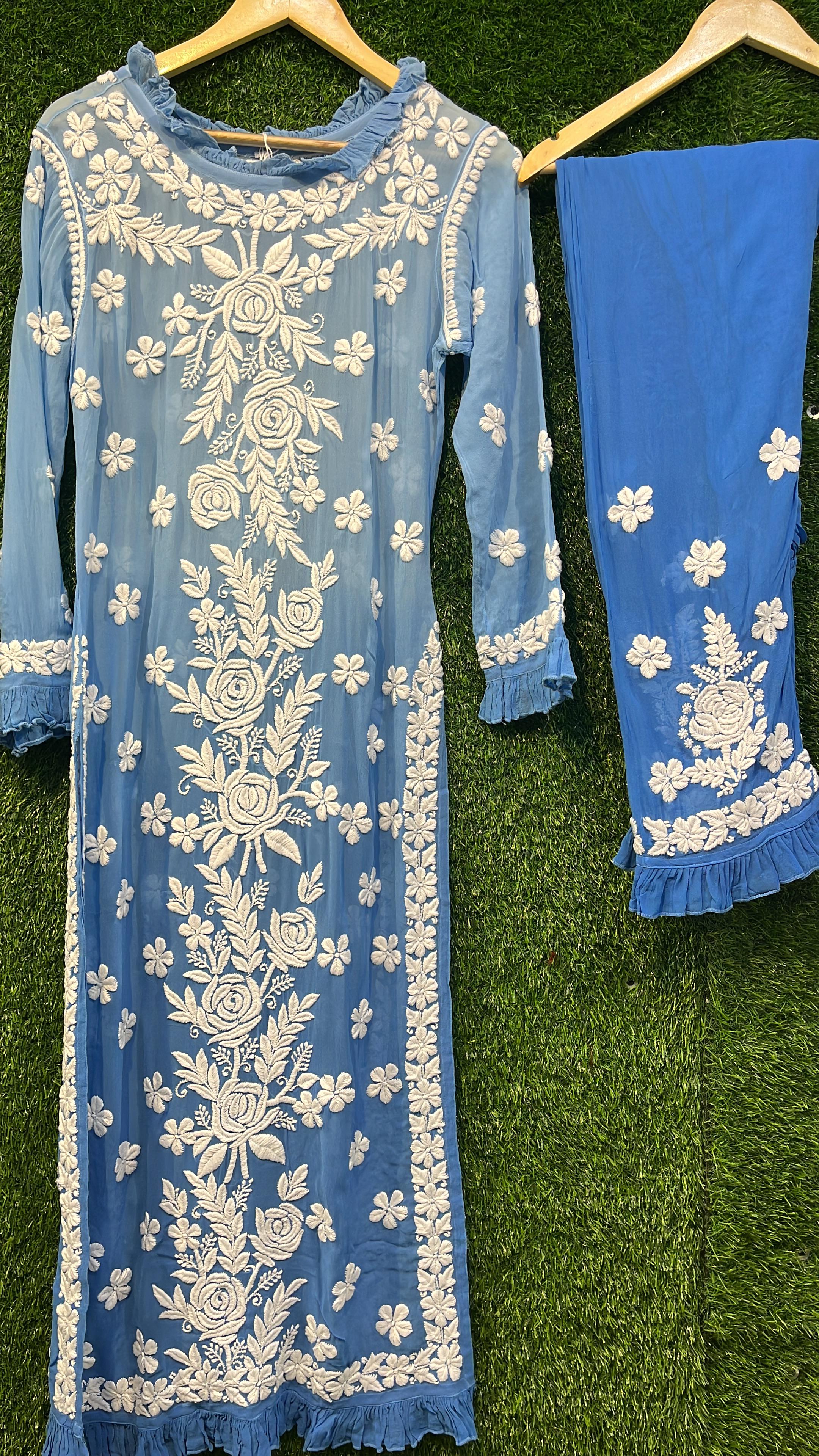 Pure Viscous Georgette Kurta and Palazzo Set with 3D Chikankari work Avadh Chikan