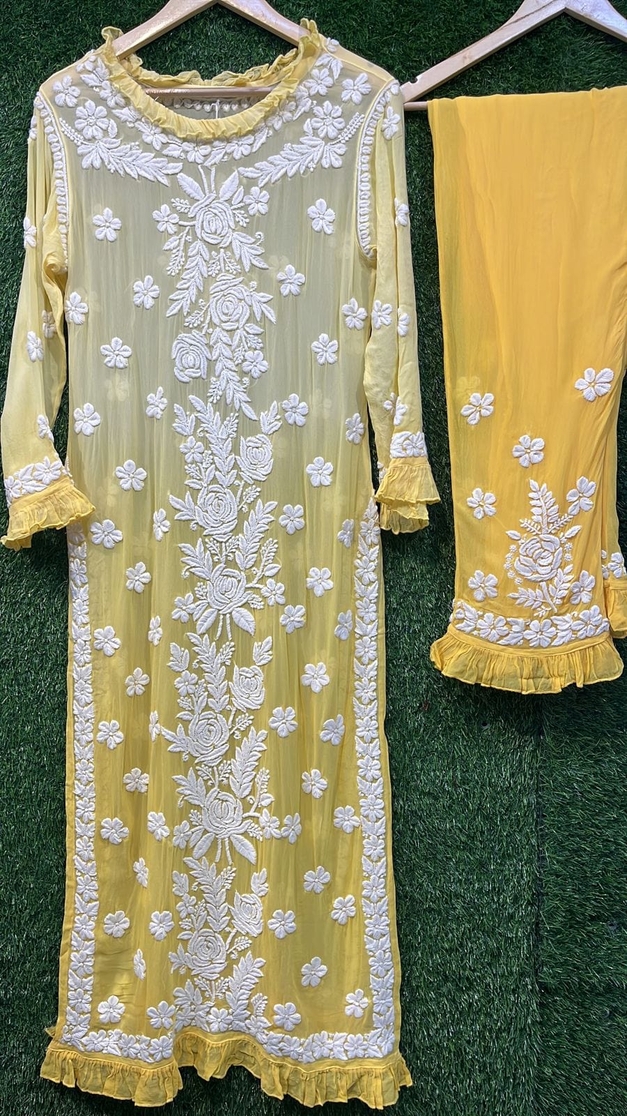 Pure Viscous Georgette Kurta and Palazzo Set with 3D Chikankari work Avadh Chikan