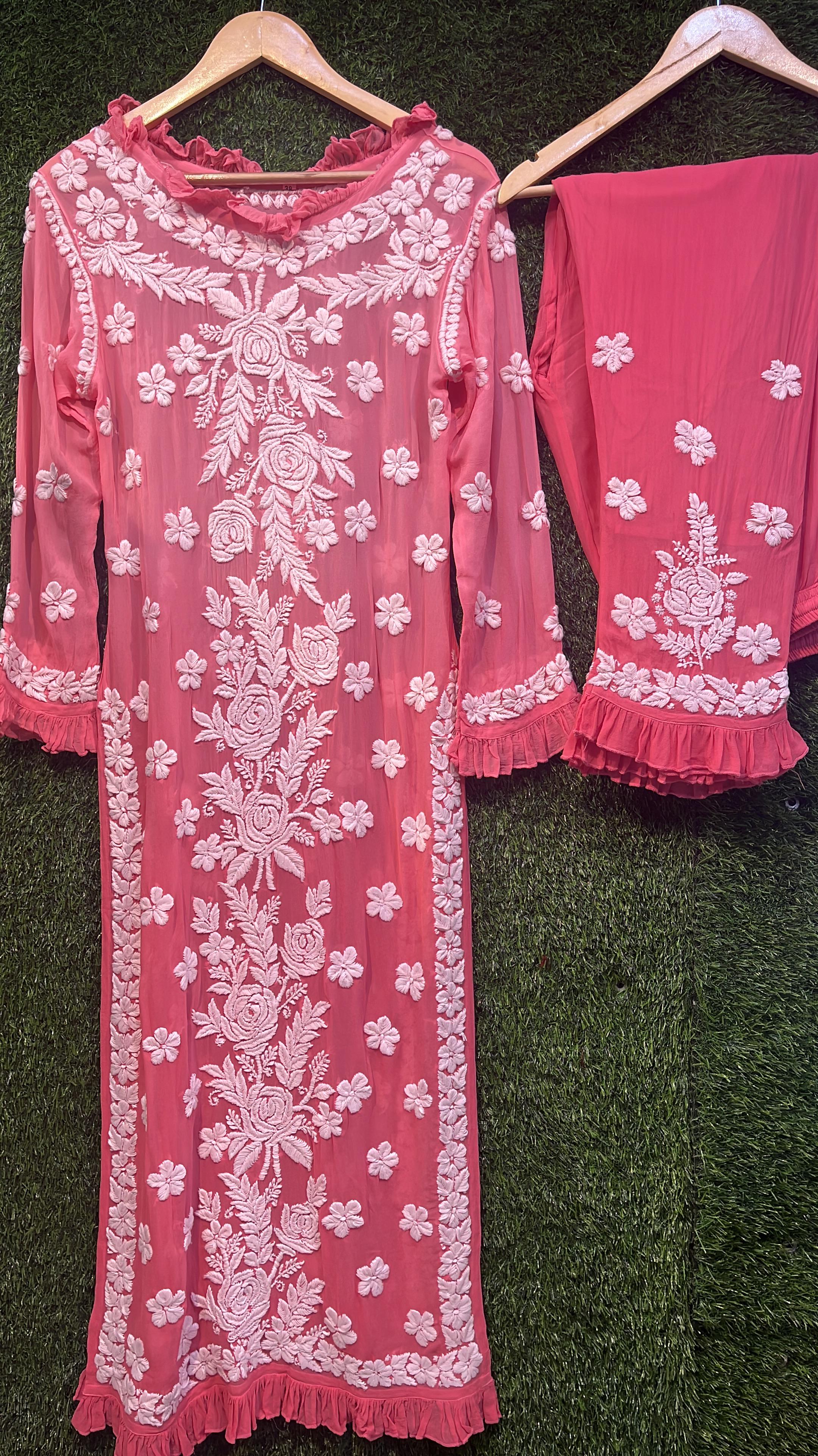 Pure Viscous Georgette Kurta and Palazzo Set with 3D Chikankari work Avadh Chikan