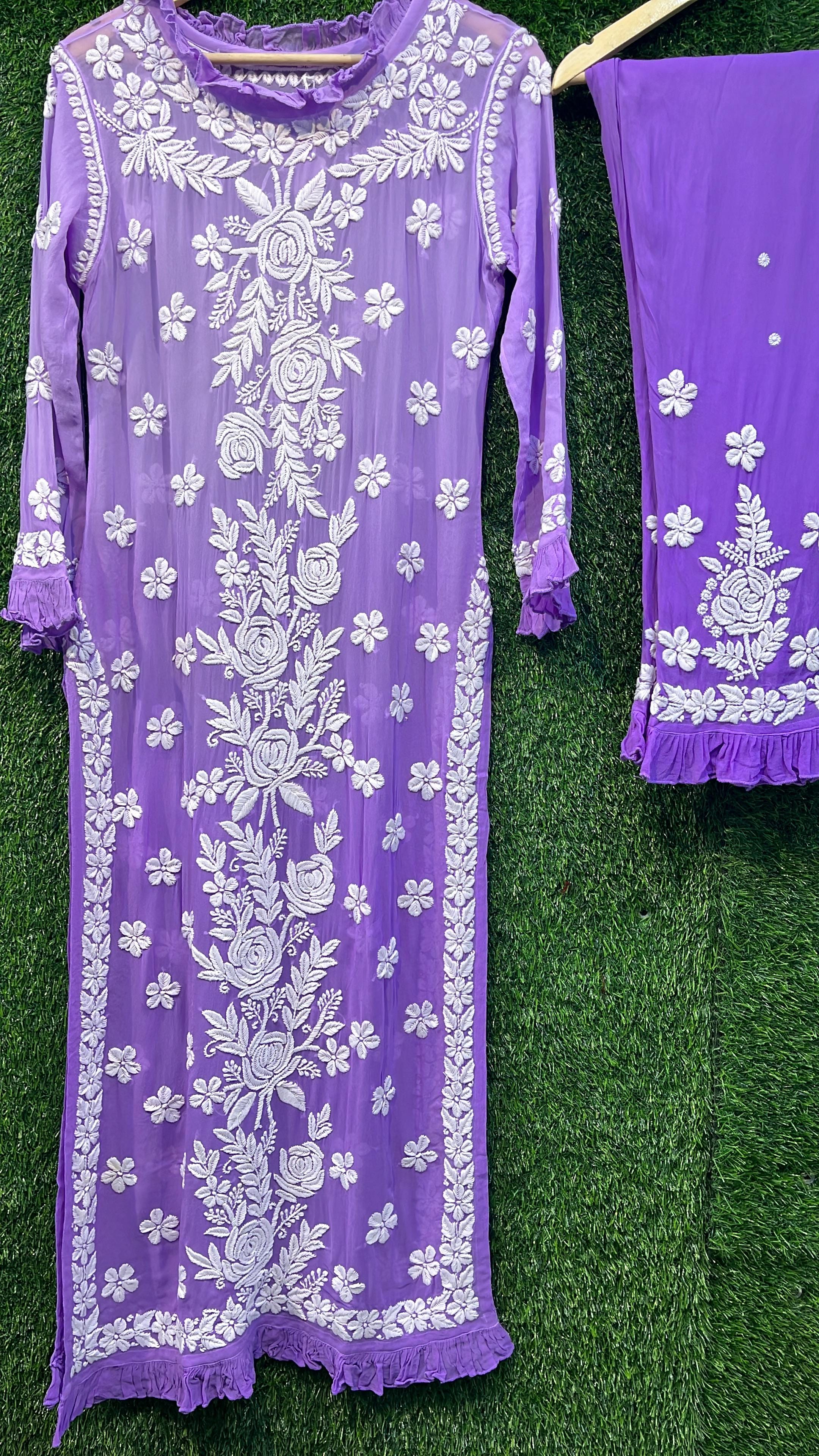 Pure Viscous Georgette Kurta and Palazzo Set with 3D Chikankari work Avadh Chikan