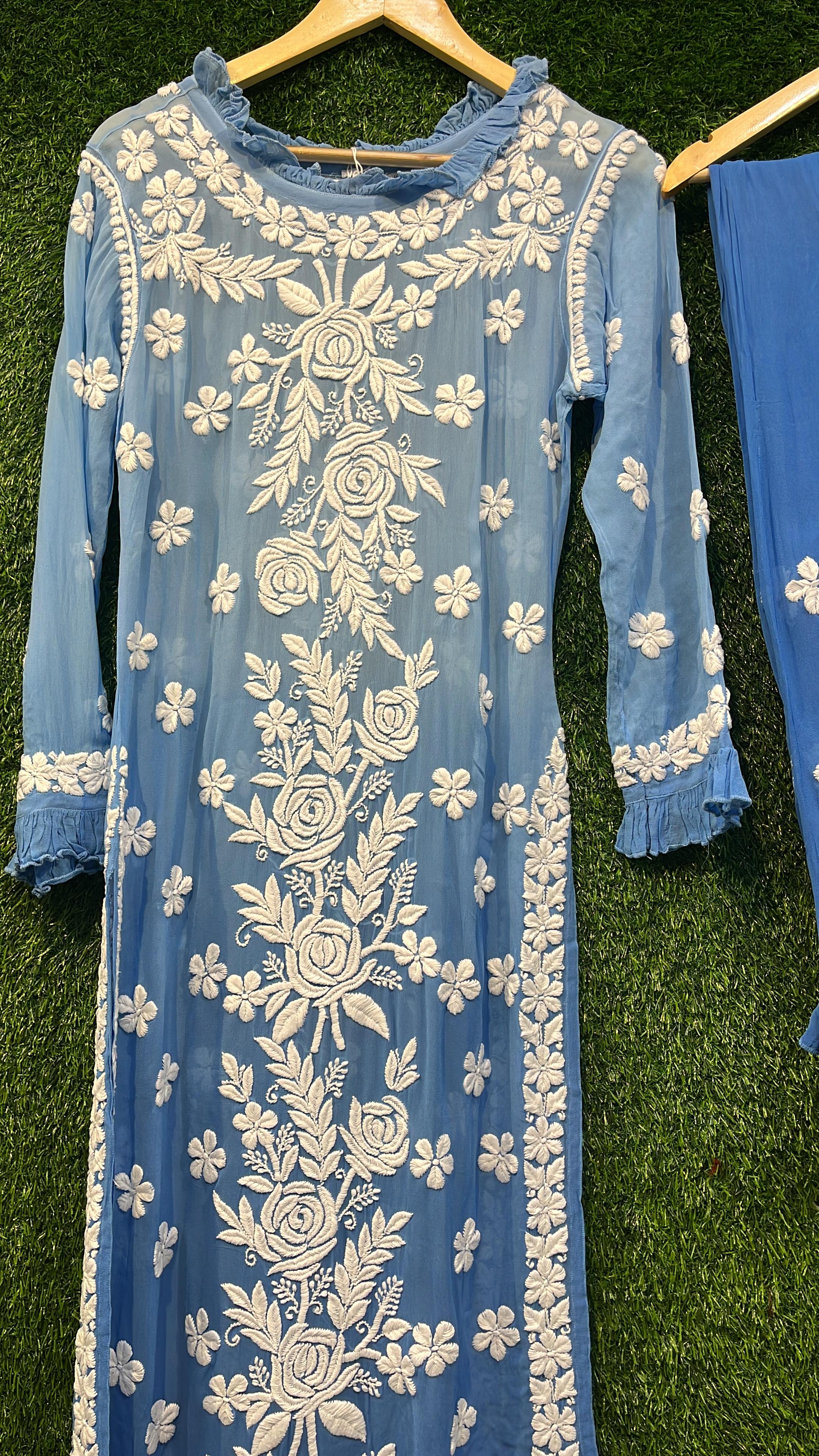 Pure Viscous Georgette Kurta and Palazzo Set with 3D Chikankari work Avadh Chikan