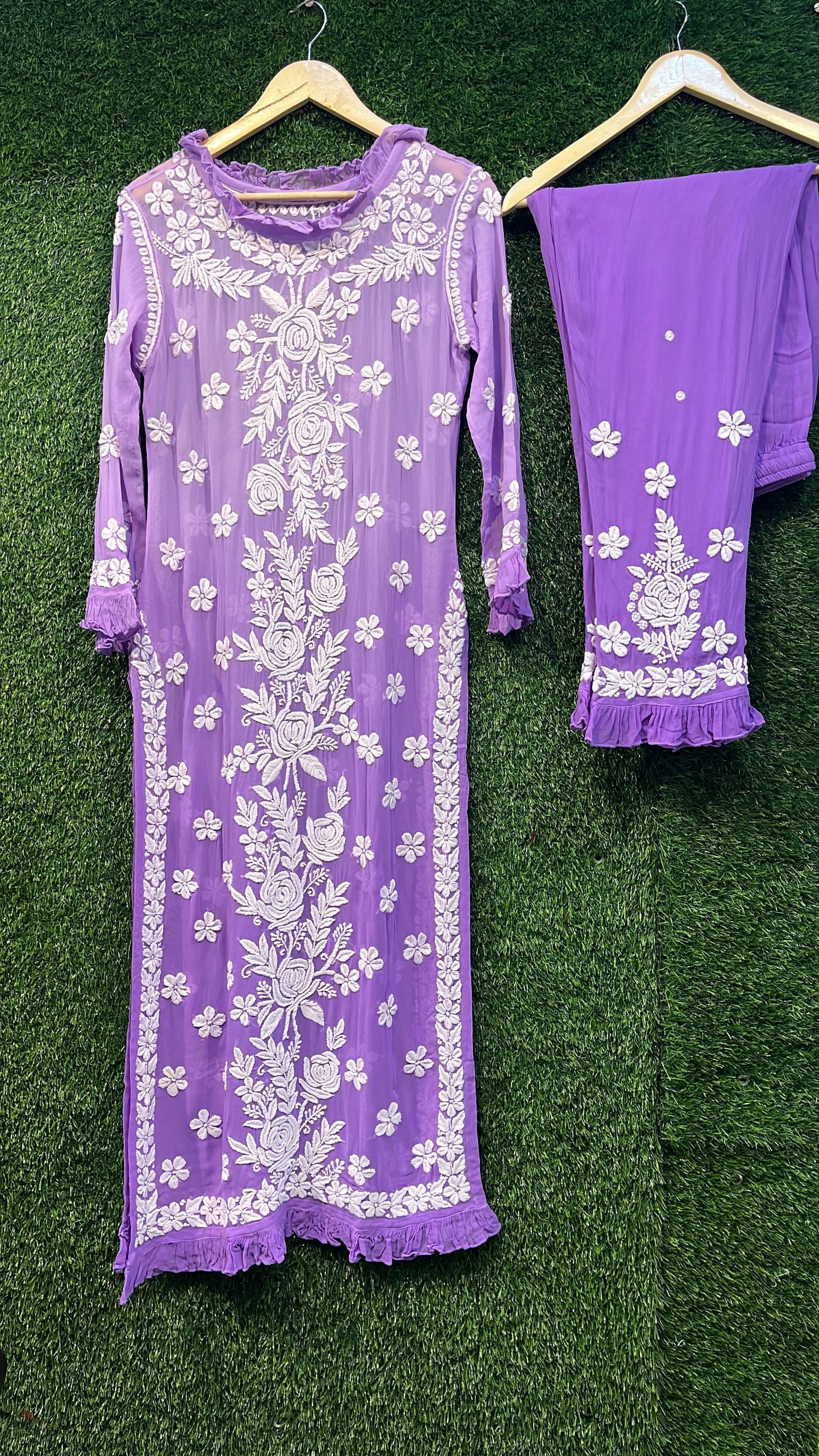 Pure Viscous Georgette Kurta and Palazzo Set with 3D Chikankari work Avadh Chikan