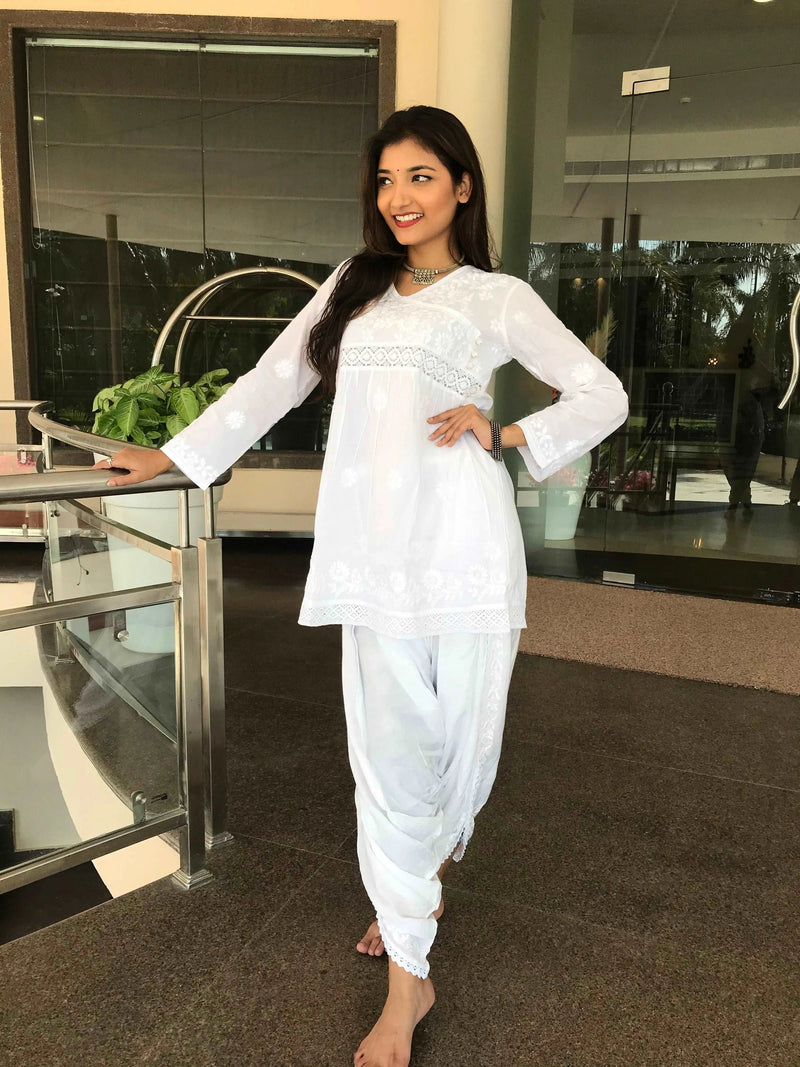 White Chikankari work Top and dhoti pants